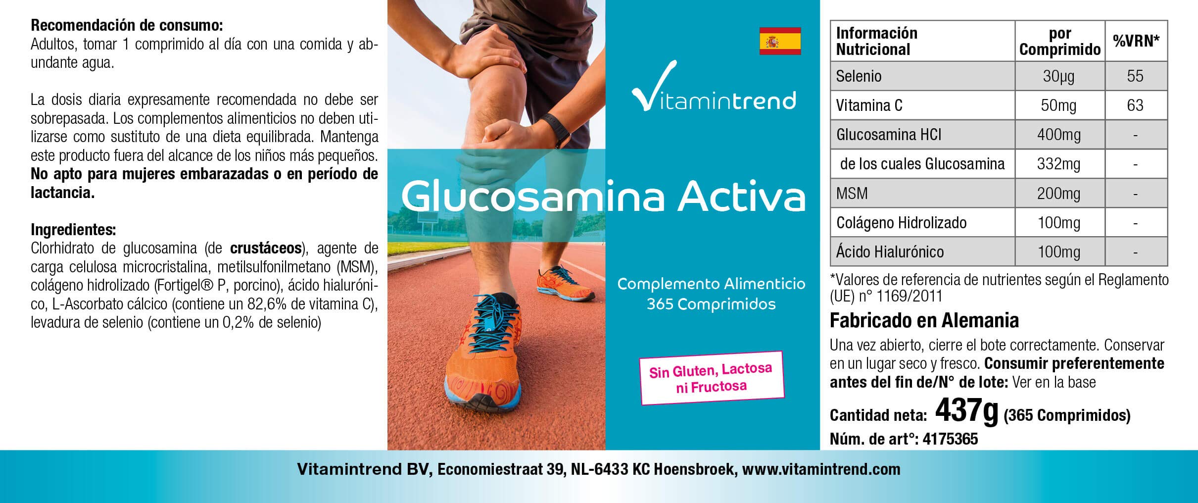 Vitamintrend Glucosamine Active, 365 comprimés, hautement dosé, avec MSM, collagène, vitamine C et sélénium, complément alimentaire sans stéarate de magnésium, fabriqué en Allemagne