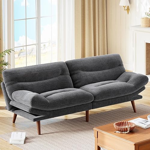Marsail 75" Futon Sofa Bed, Futon Couch with Adjustable Backrest & Armrests, Convertible Sleeper Sofa Bed for Apartment, Living Room, Office, Corduroy Loveseat, Grey