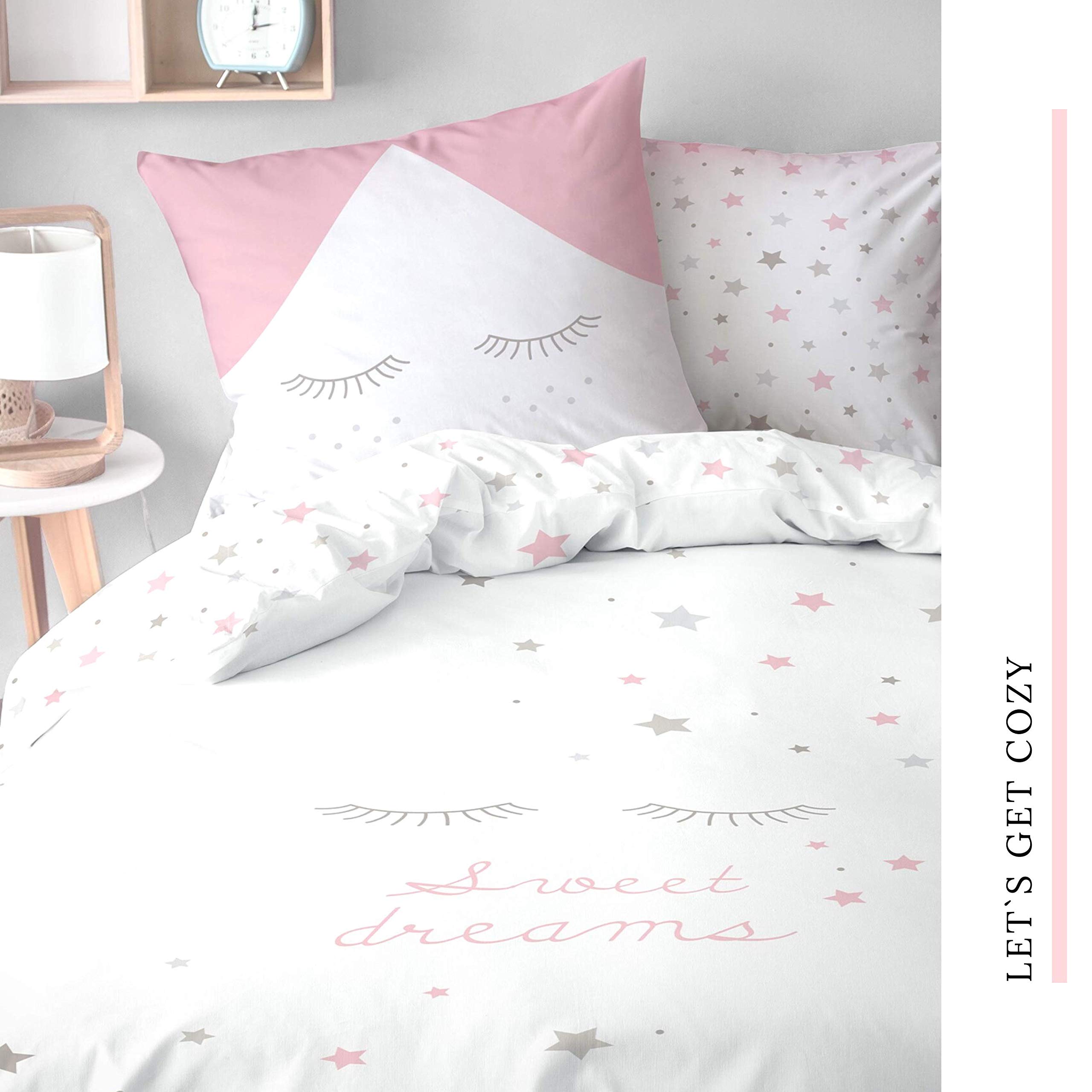 Sweet Dreams Juego de Ropa de Cama con diseño de Estrellas, 135 x 200 cm, Ropa de Cama Infantil, pestañas y Estrellas, Funda de Almohada de 80 x 80 cm y Funda nórdica de 135 x 200 cm, 100% algodón