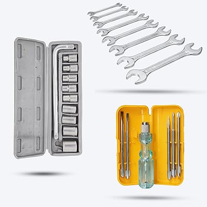 Hillgrove HGCM406M1 10Pcs Hex Socket Spannar Set with 8Pcs Double Open End Wrench and 5in1 Screwdriver Set for Automobiles/Bike/Car Repair Tools Kit Socket Set