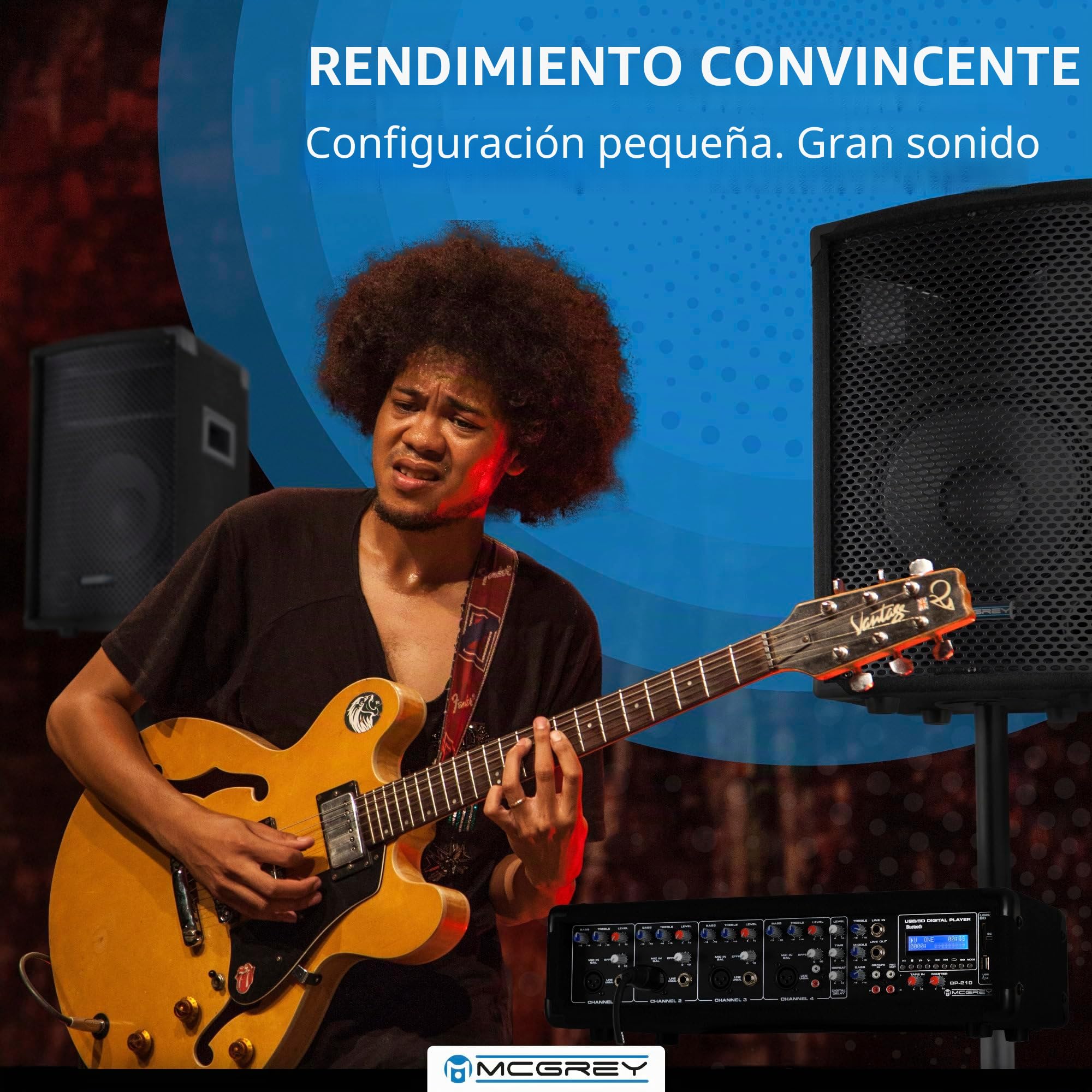 McGrey BP-210 Bandpack PA-Anlage 100 Watt, Entrada Jack no balanceada de 6 | Mezclador de potencia de 4 canales, Entrada XLR balanceada para micrófonos dinámicos, 35 mm, Time (140 - 342 ms) y Repeat