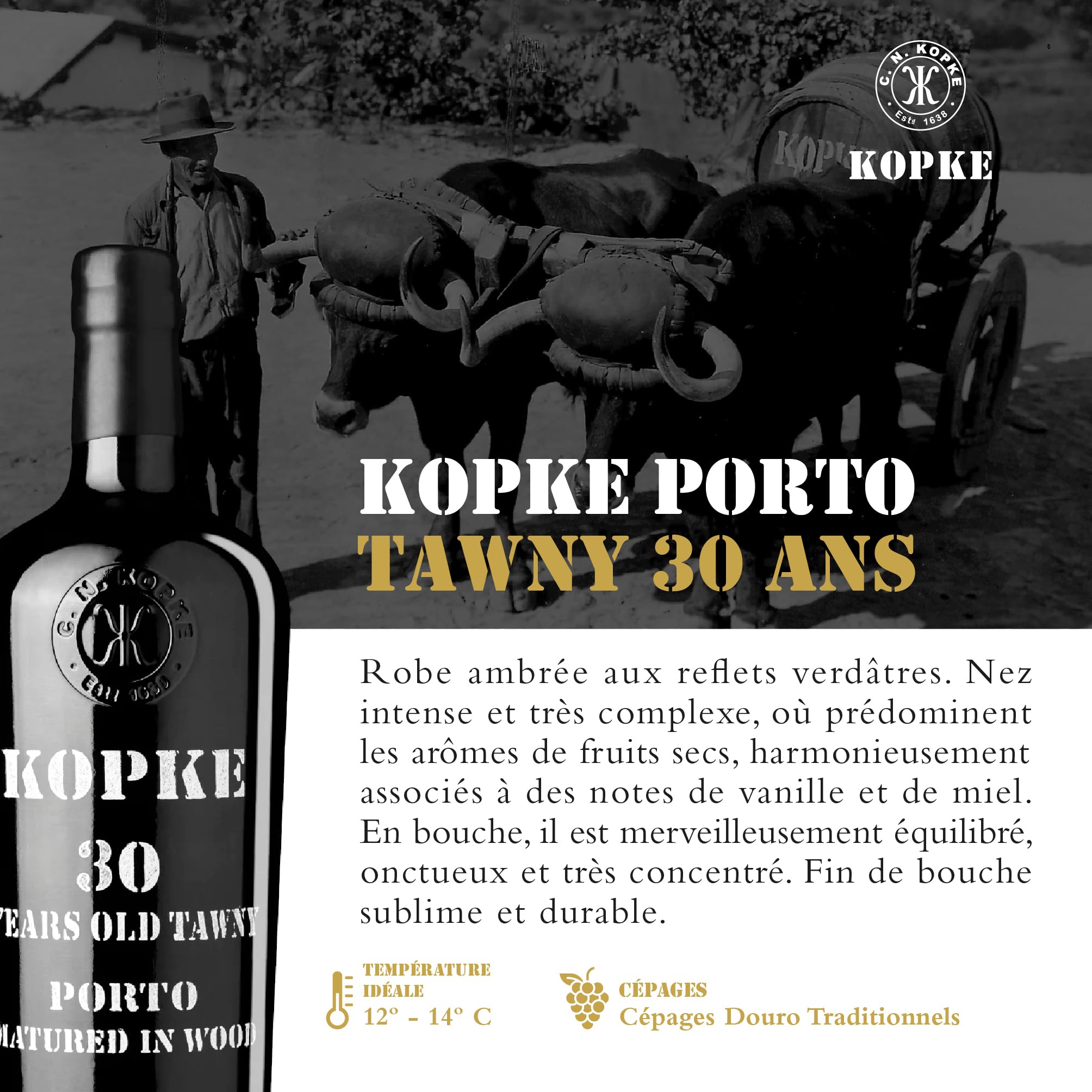 Kopke Porto Tawny 30 Ans – Vin de Porto Rouge Vieilli en Fût de Chêne | Vin de Dessert d’Exception en Bouteille Traditionnelle avec Coffret Cadeau en Bois | 0,75L, 20% Vol. – Idée Cadeau Élégante