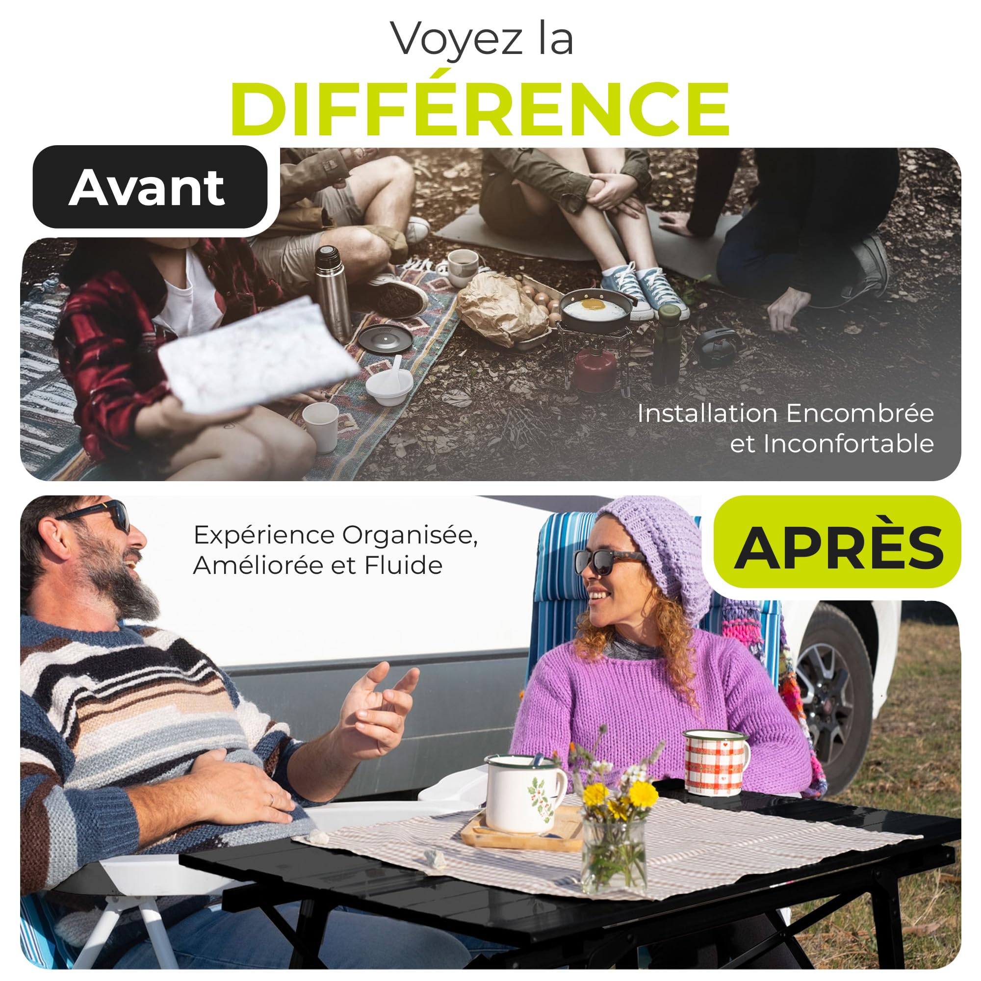 Table de Camping Table Multifonctions Pliante Table Polyvalente ; Table Pliante réglable en Hauteur avec Plateau de Table Enroulable (90x51cm) & Sac de Transport ; supporte jusqu'à 30kg