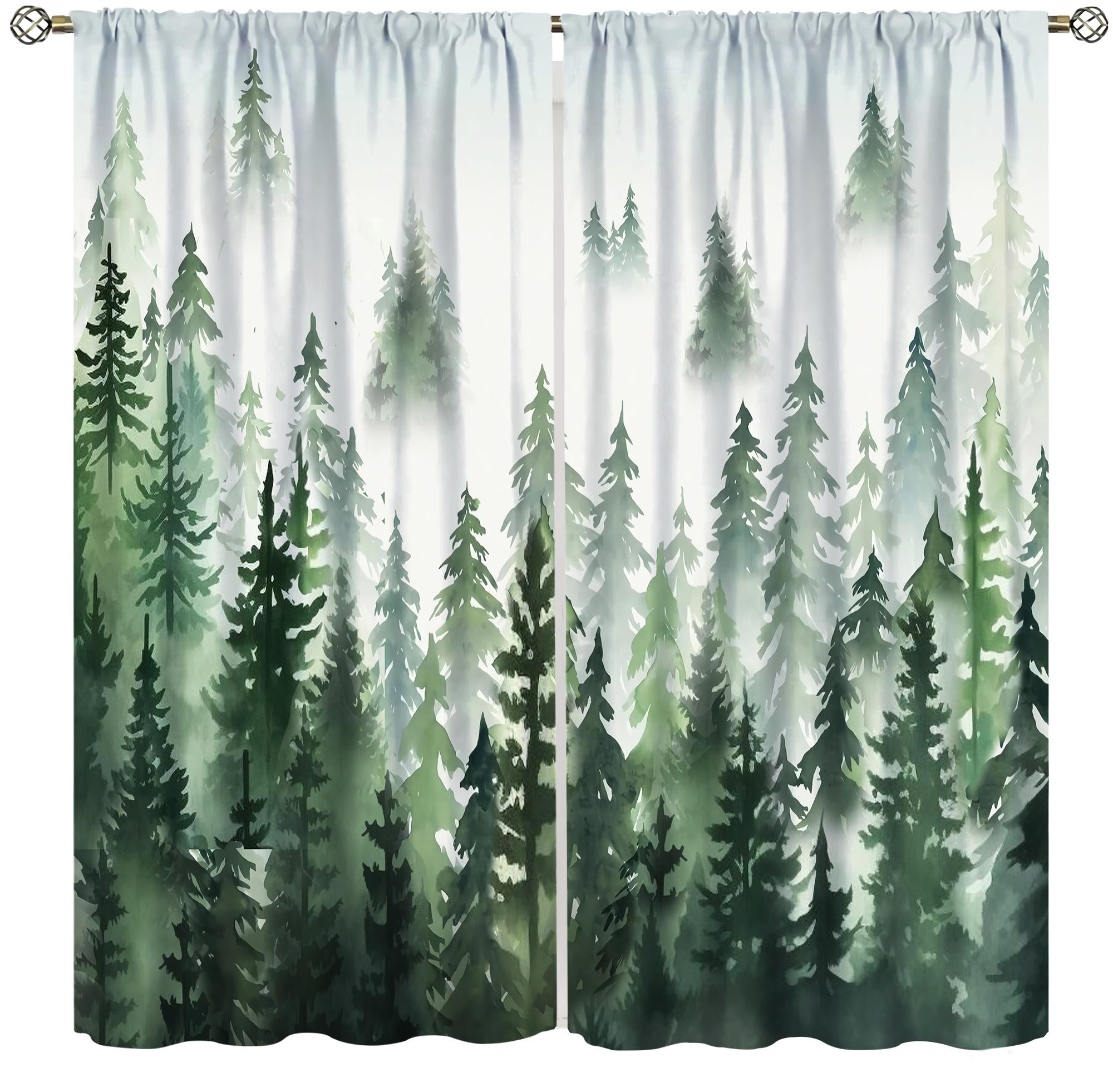 Green Forest Curtains Green Watercolor Forest Tree Silhouette Nature Landscape Printed Living Room Bedroom Window Drapes 42x63inch(107x160cm)