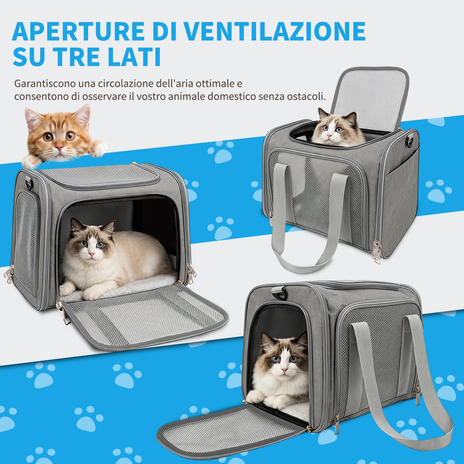 Trasportino per Cani e Gatti, Trasportino per Gatti, Tappetino Rimovibile, Tracolla Regolabile, Borsa Pieghevole Portatile, fino a 8 kg, per Gatti e Cuccioli (Grigio, L 43 x P 28 x H 28 cm)