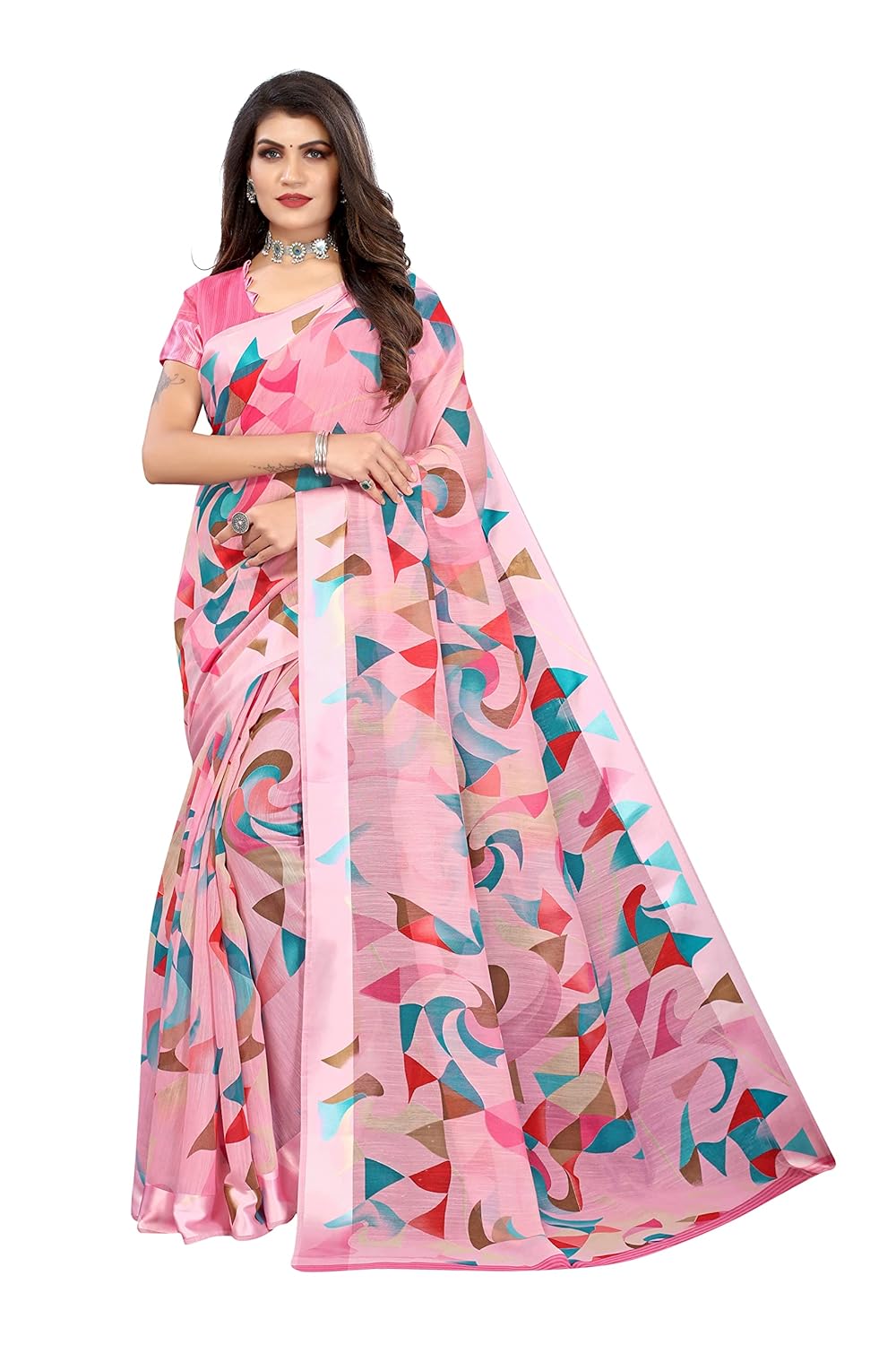 Yashika Women’s Printed Linen Saree With Blouse Piece(SATRANGI PINK_Free Size)