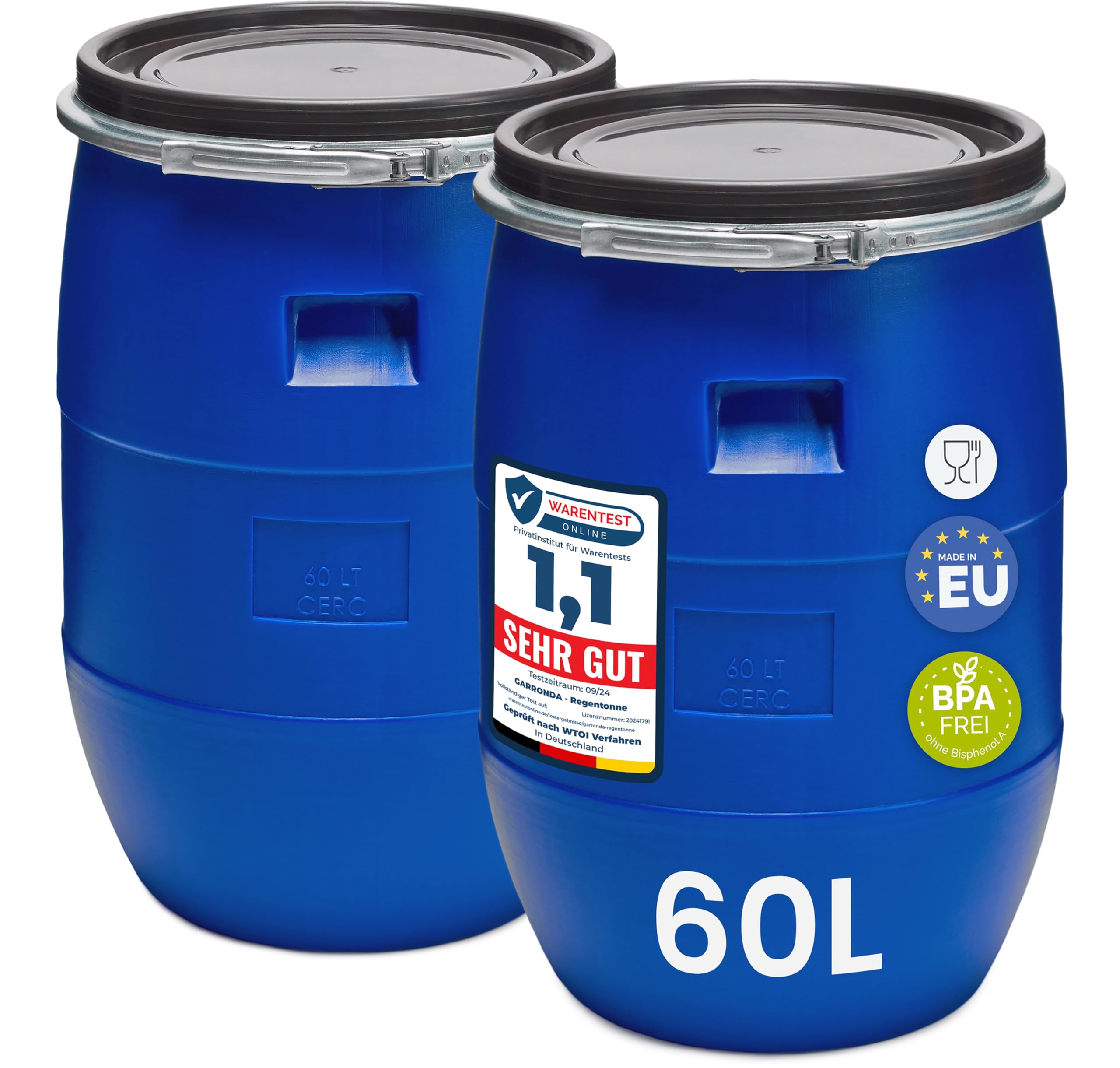 Garronda Set 2X 60 Liter Deckelfass Weithalsfass aus HDPE Regenfass für Garten Fass 60l Wassertonne Futtertonne Wasserbehälter Universalfass Wasserfass Lebensmittelfass Wassertank GD-0122, Blau