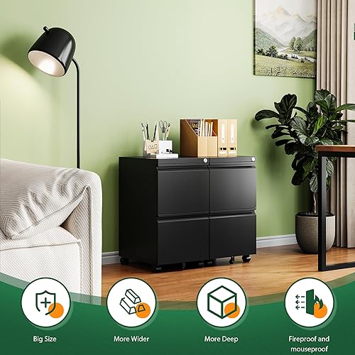 Miniatura 4 de Letaya Archivador móvil con cerradura, 2 cajones debajo del escritorio, archivadores de metal con ruedas para organizador de oficina en casa,