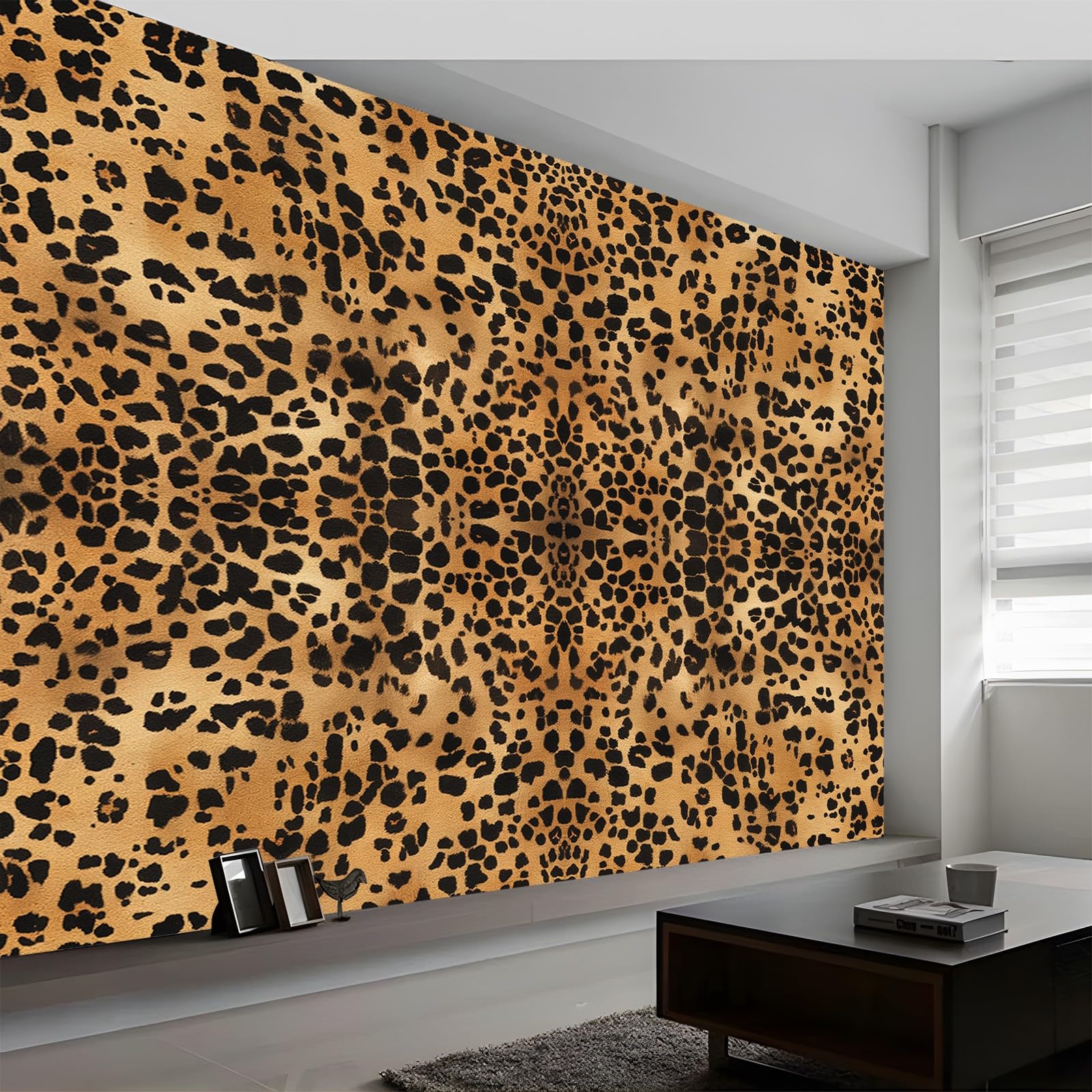 Tapeta 350 x 256 cm, tapeta z włókniny, wzór panterki, nadruk zwierzęcy, wodoodporna, folia ochronna na ścianę, do sypialni, salonu, tapeta ścienna, fototapeta, ciepły brąz, w zestawie poradnik do