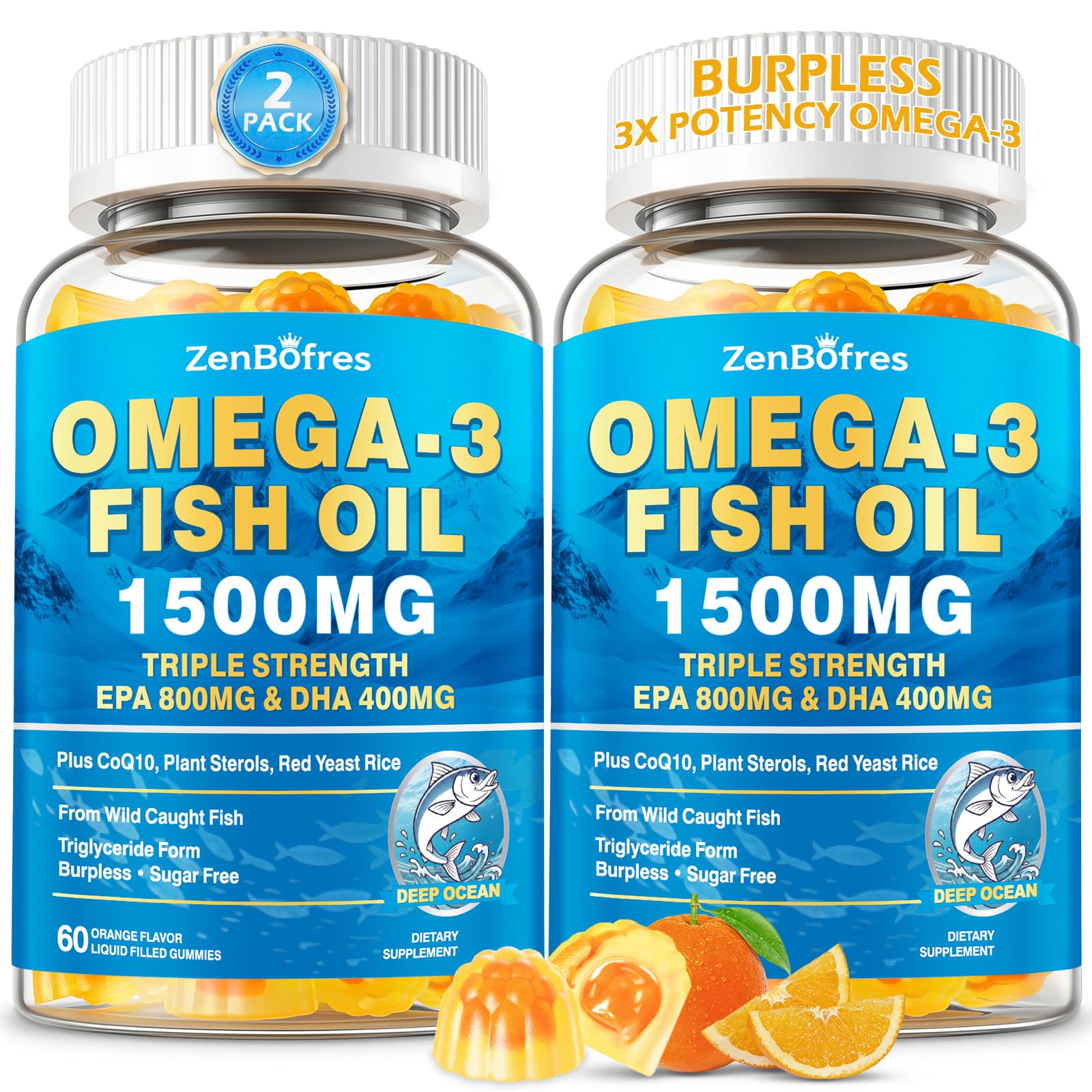 ZenBofres Suplemento de Ômega-3 em Gomas com EPA, DHA, CoQ10, Arroz Vermelho e Vitaminas D3 e K2 1.500 mg, 120 gomas, pacote com 2