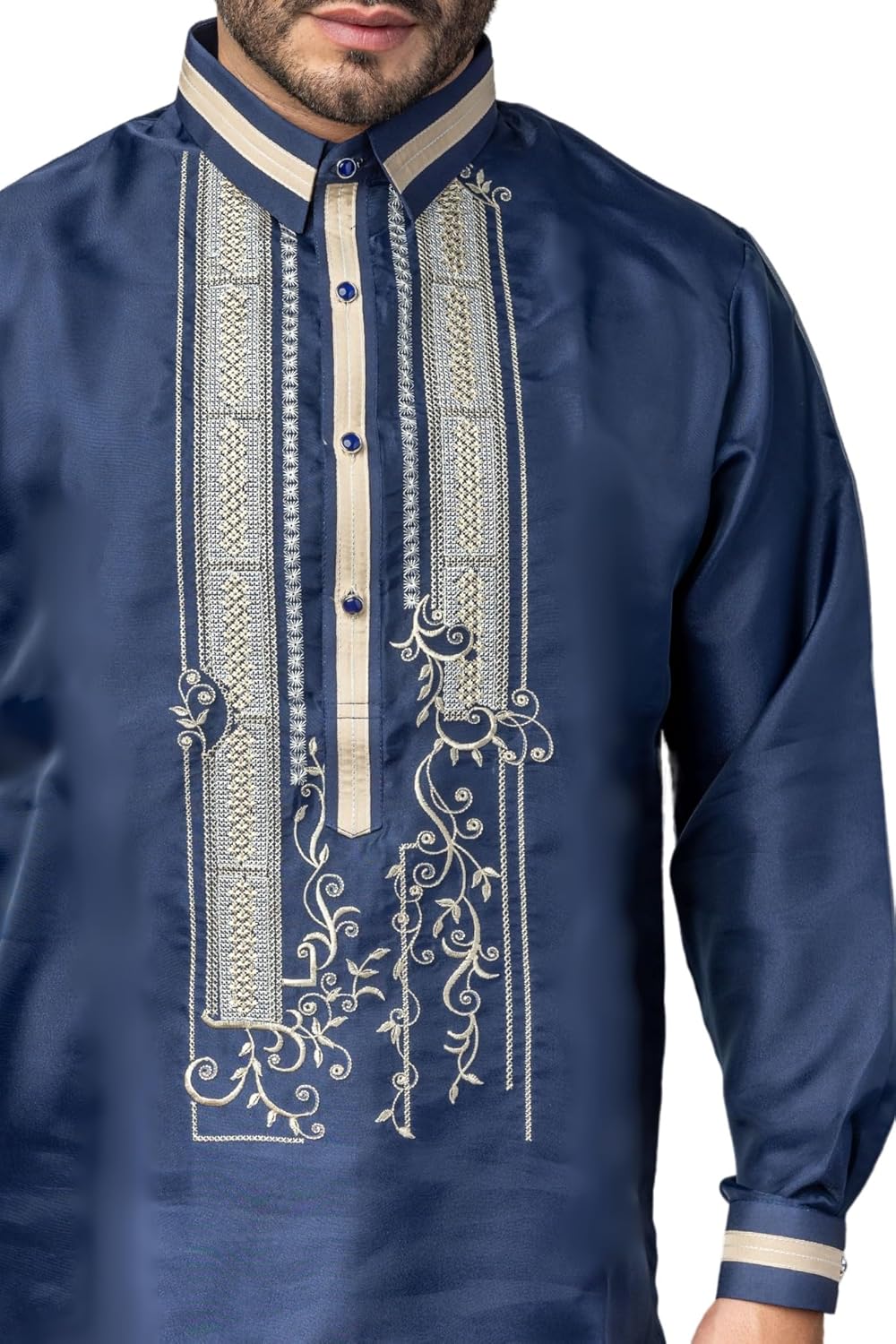 MO41 - Organza Barong Tagalog with Lining - Traditional Filipino Formal Shirt Navy Blue