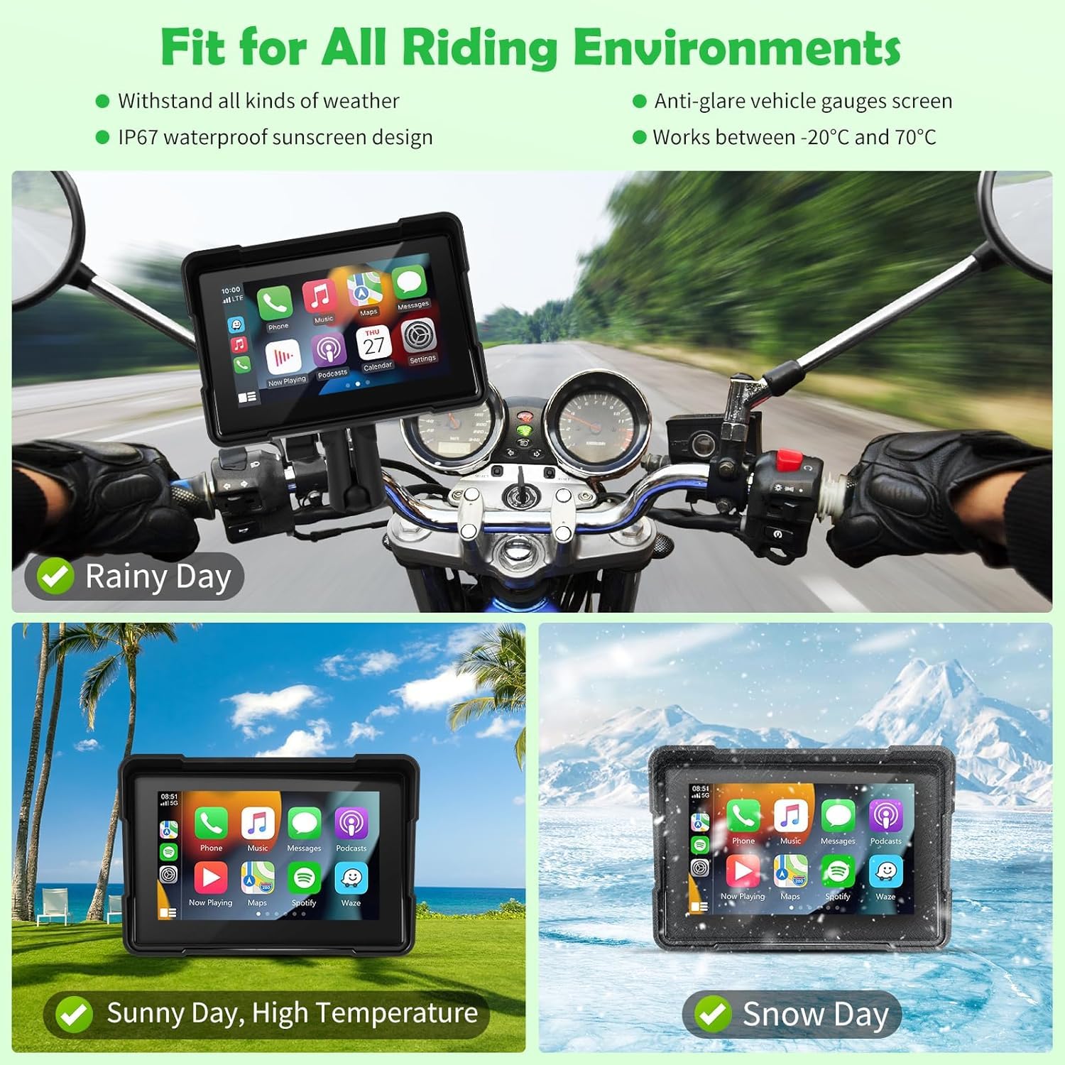 Euakee 5 Pollici Impermeabile Touch Screen Moto Car-play & Android Auto Navigatione GPS Wireless 1000 Nit