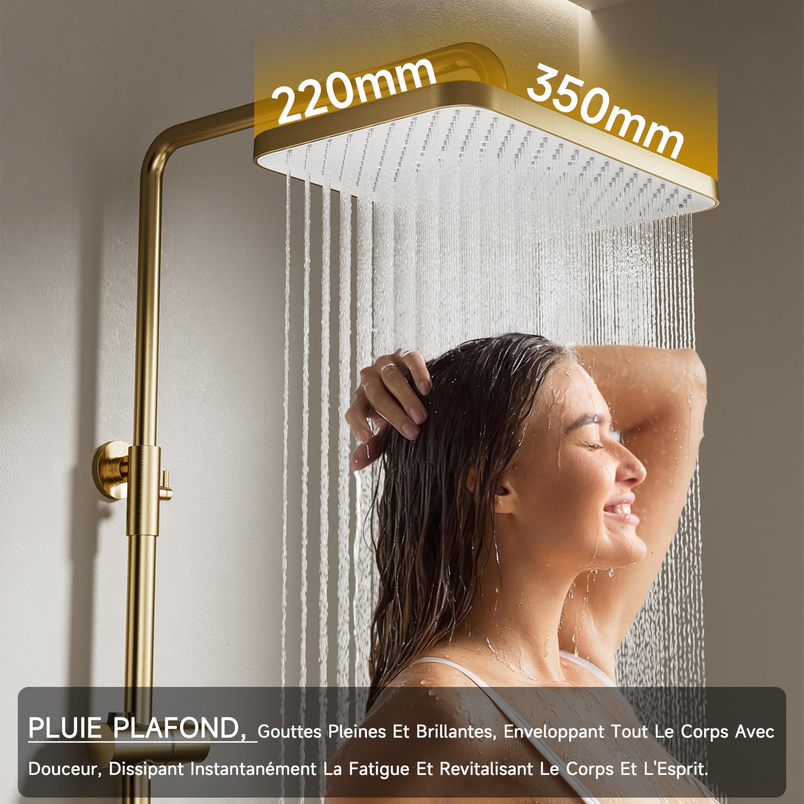 Colonne de douche, or brossé, colonne de douche thermostatique | Système de douche à 4 fonctions avec une pomme de douche 350 × 220 mm, une douchette, un pistolet et une sortie d'eau basse