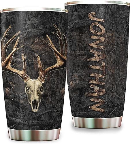 Vaso de caza personalizado de acero inoxidable con tapa vaso de 20 onzas vaso de camuflaje de calavera de ciervo regalo para hombres papá mejores