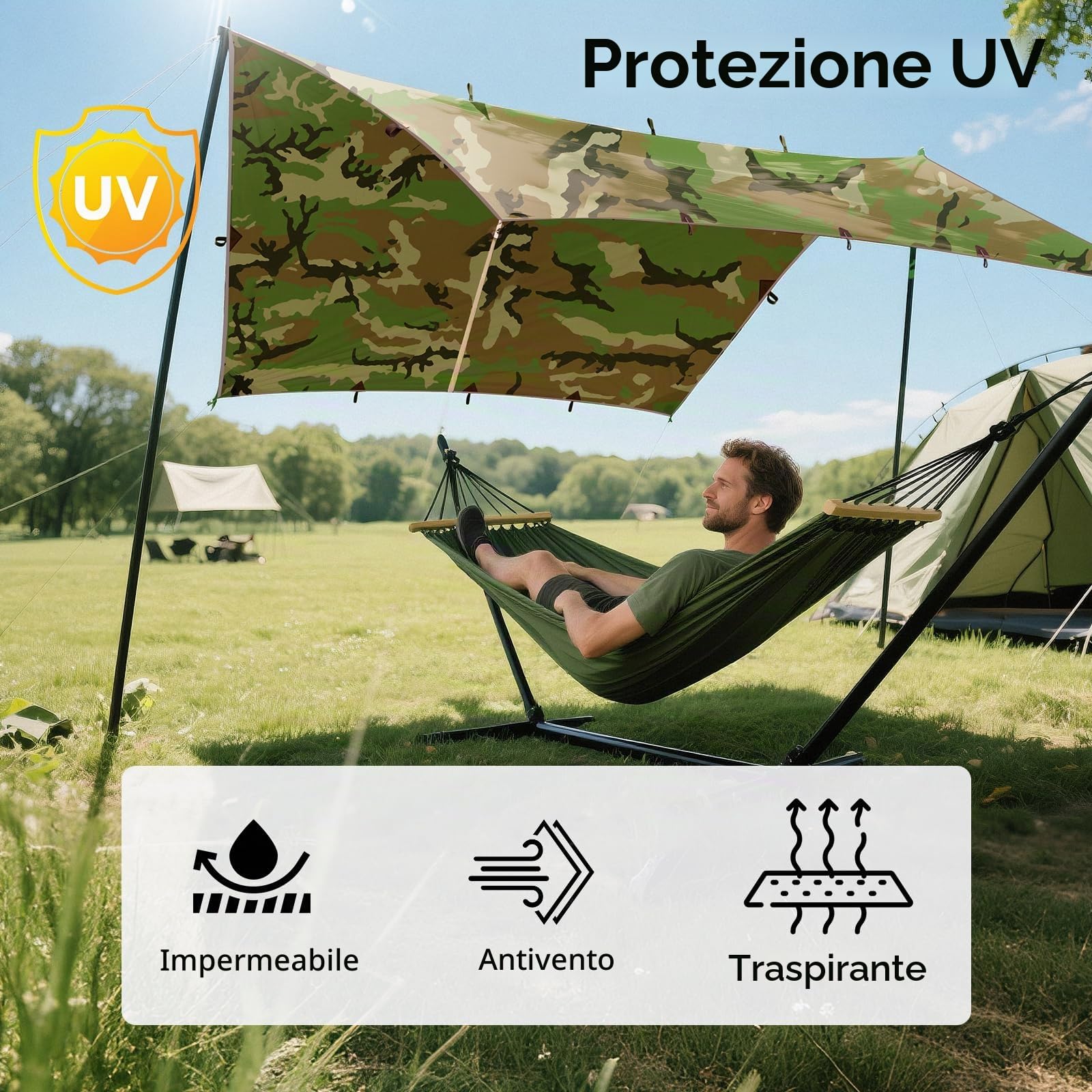 FREE SOLDIER Telo da Campeggio Impermeabile Tenda Amaca Grande Telo Telone Portatile Tettoia Anti-UV Tenda Parasole Tenda Parasole per Campeggio Escursionismo Viaggiare(Mimetico Con Chiodi)