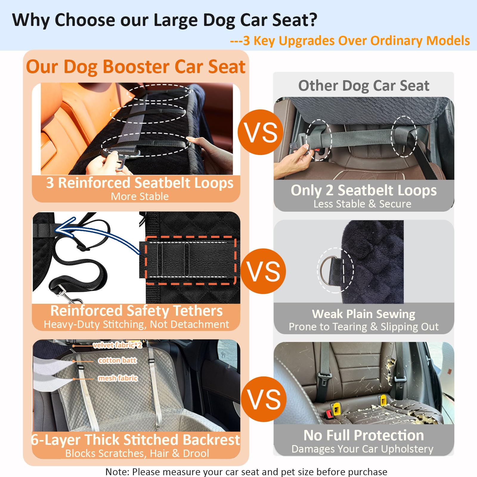 Asiento de coche para perros grandes de hasta 60 libras o 2 perros pequeños con espuma viscoelástica de 4 pulgadas, asiento trasero mediano para mascotas con cinturones de seguridad triples, correas