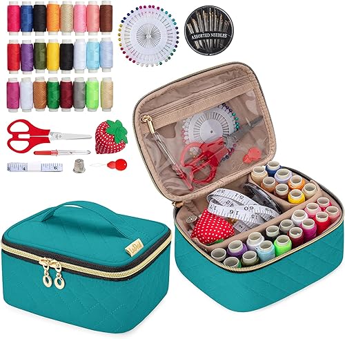 LoDrid Kit de costura, bolsa de franela portátil con suministros completos de costura para viajes y hogar, kit de reparación de costura herramientas