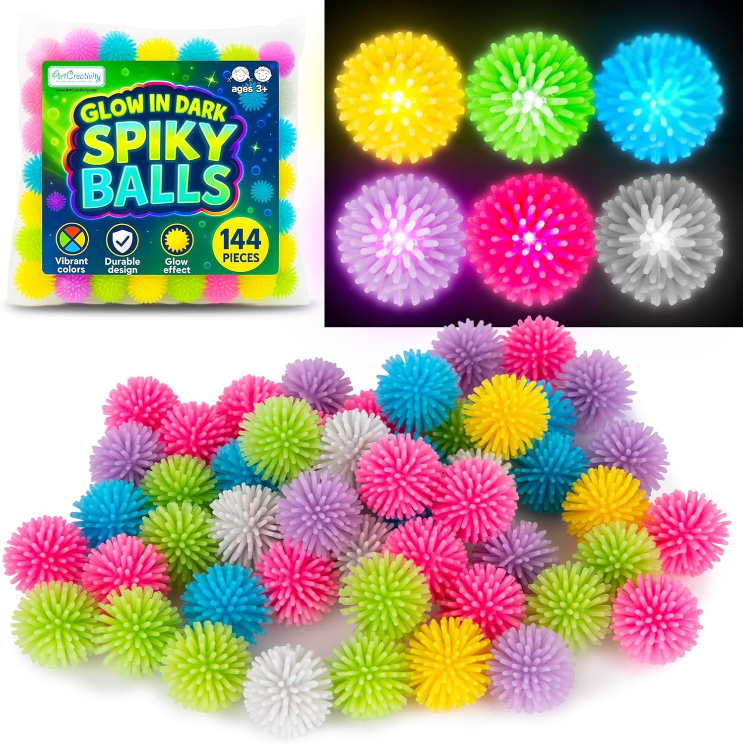ArtCreativity 144 Pcs of Spiky Balls for Kids, Glow in The Dark Spiky Hedge Balls, Spike Ball Soft Sensory Balls in Various Vibrant Colors, Sensory Fidget Toys, Fun Birthday Party Favors