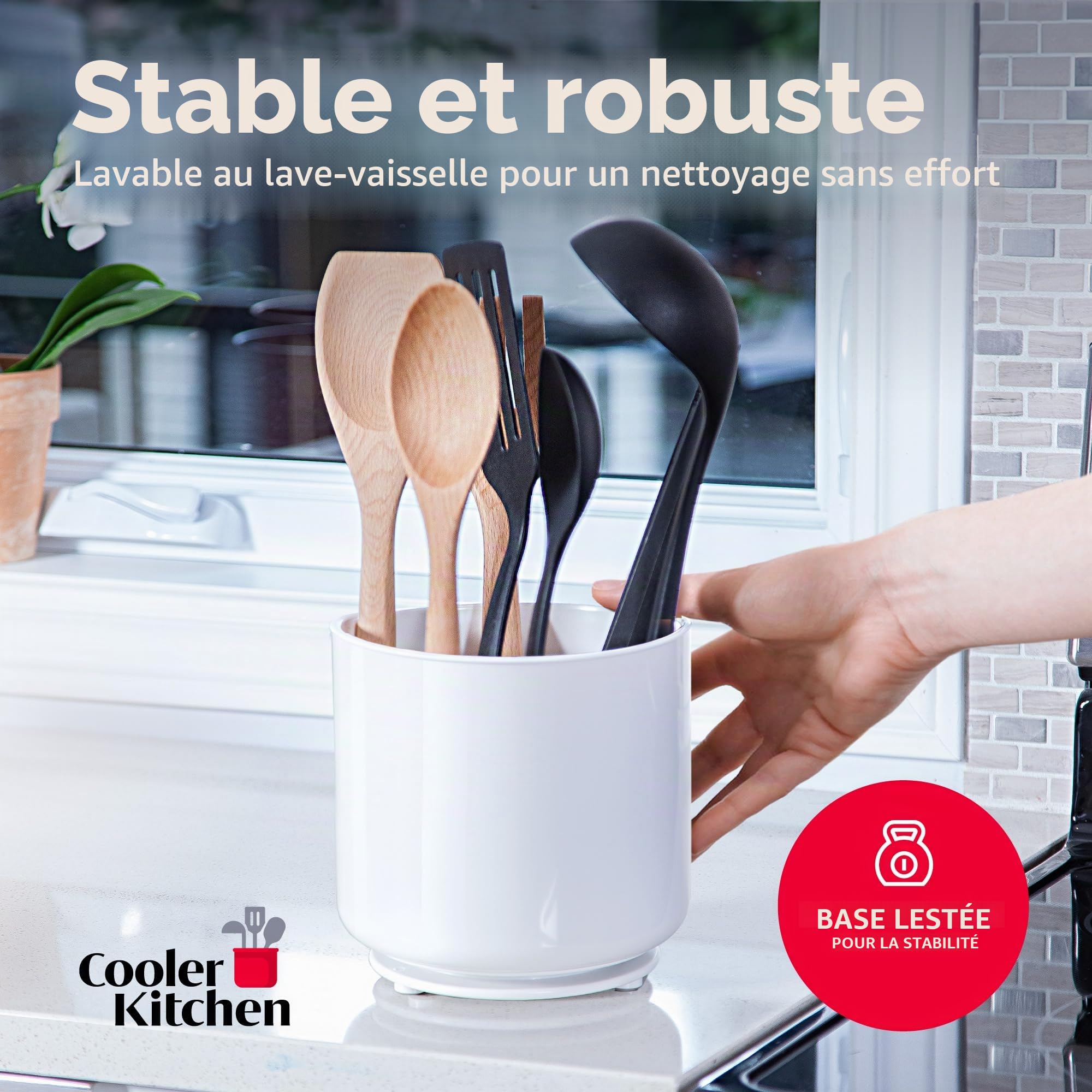 Porte-ustensiles rotatif blanc extra large et robuste avec base lestée sans basculement, séparateur amovible et insert agrippé | Antirouille et passe au lave-vaisselle Support d'ustensiles de cuisine