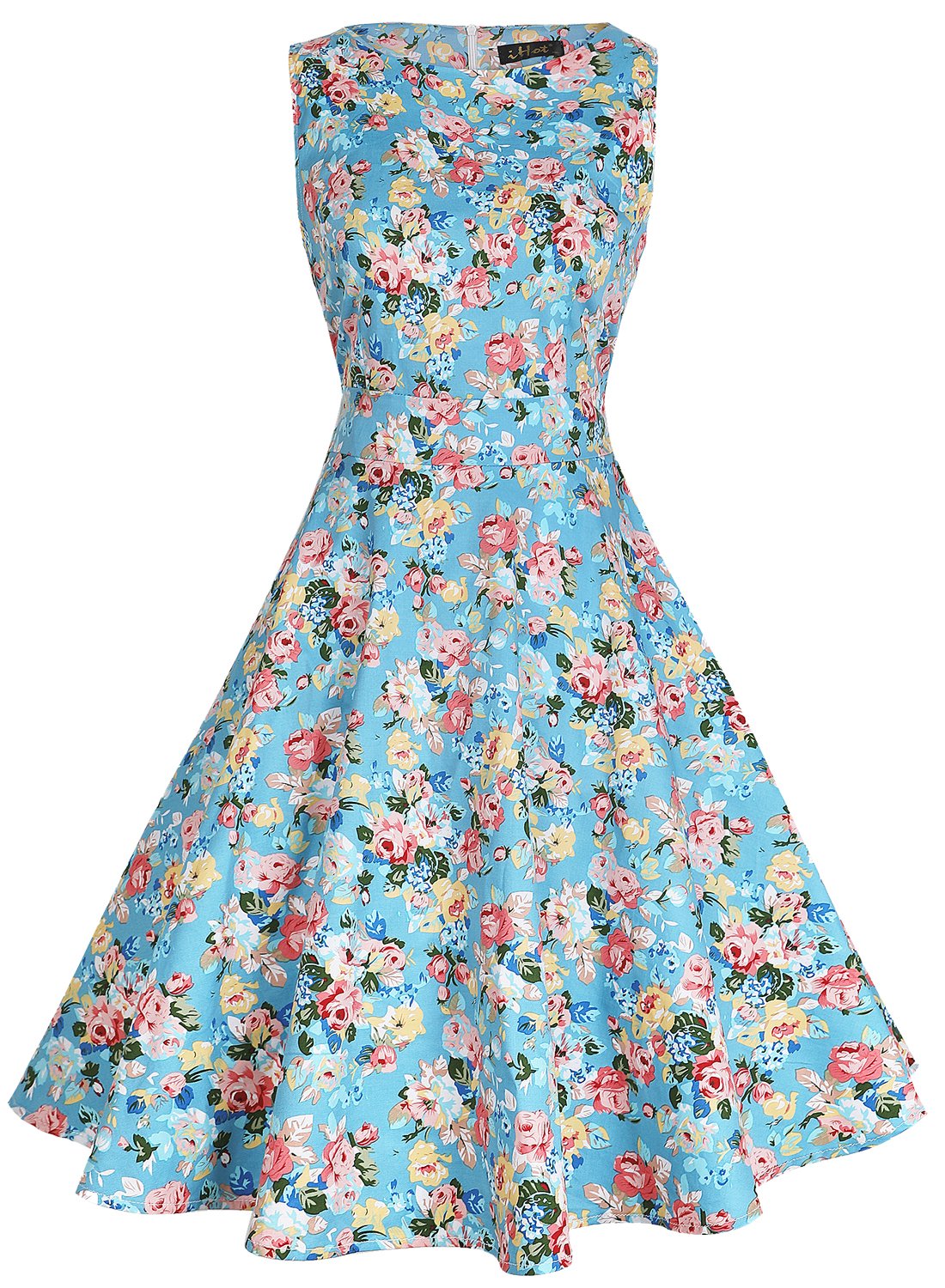 ihotWomen's Vintage 1950s Classy Rockabilly Retro Floral Pattern Print Cocktail Evening Swing Party Dress Light Blue Floral X-Large