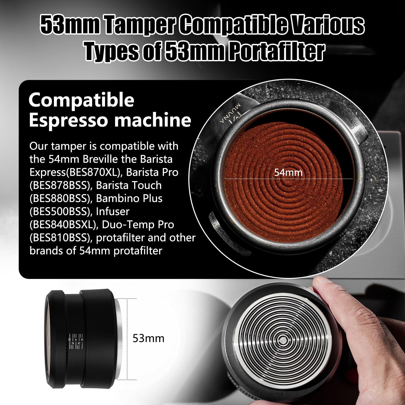 Prensador espresso de 53,3 mm, prensador de café de rebote lento con base ondulada de acero inoxidable, compatible con portafiltros Breville Blttomless de 54 mm