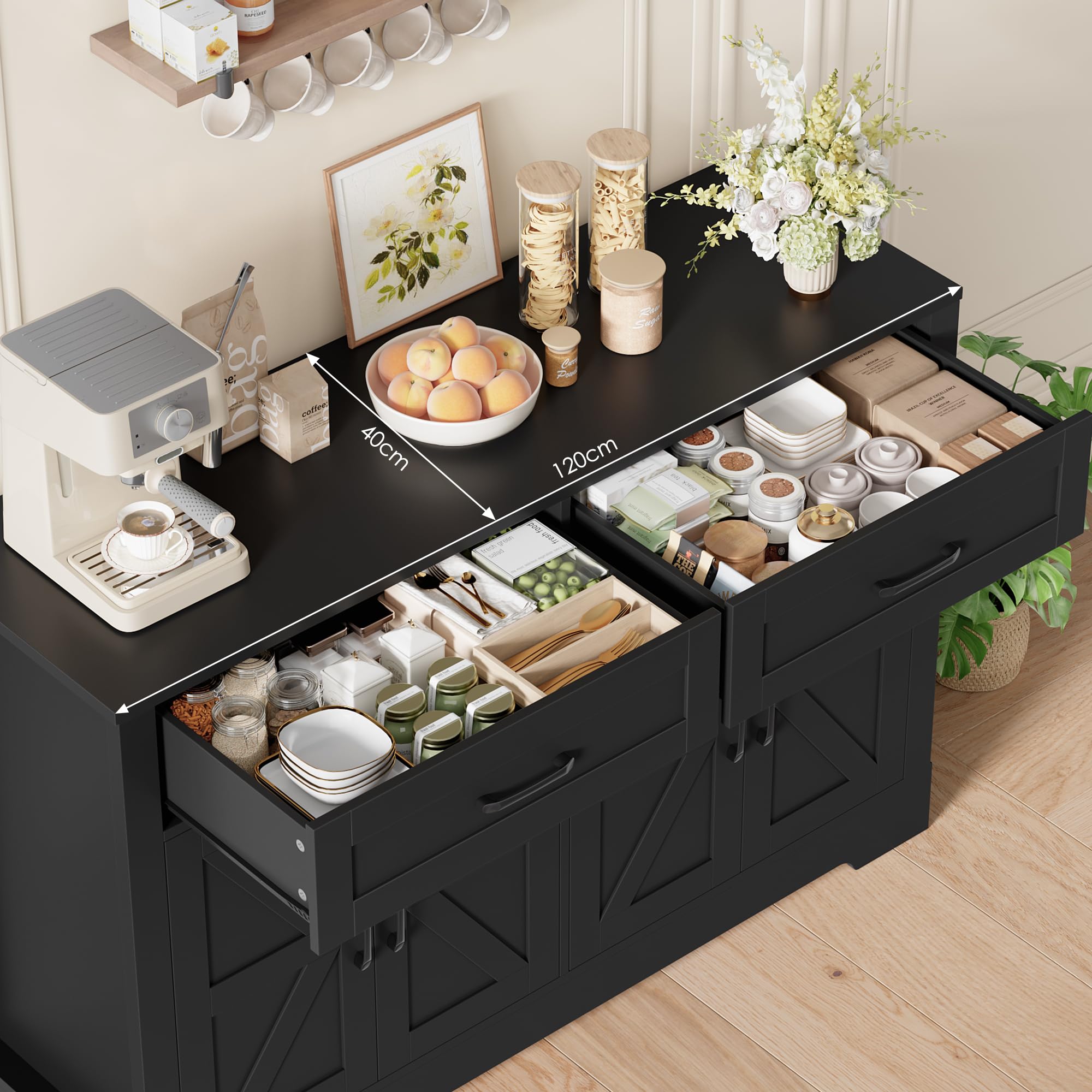 HOCSOK Sideboard Küchenbuffet mit Arbeitsplatten, küchenschrank 2 Schubladen und 4 Türen für Küche,Wohnzimmer, Flur und Esszimmer