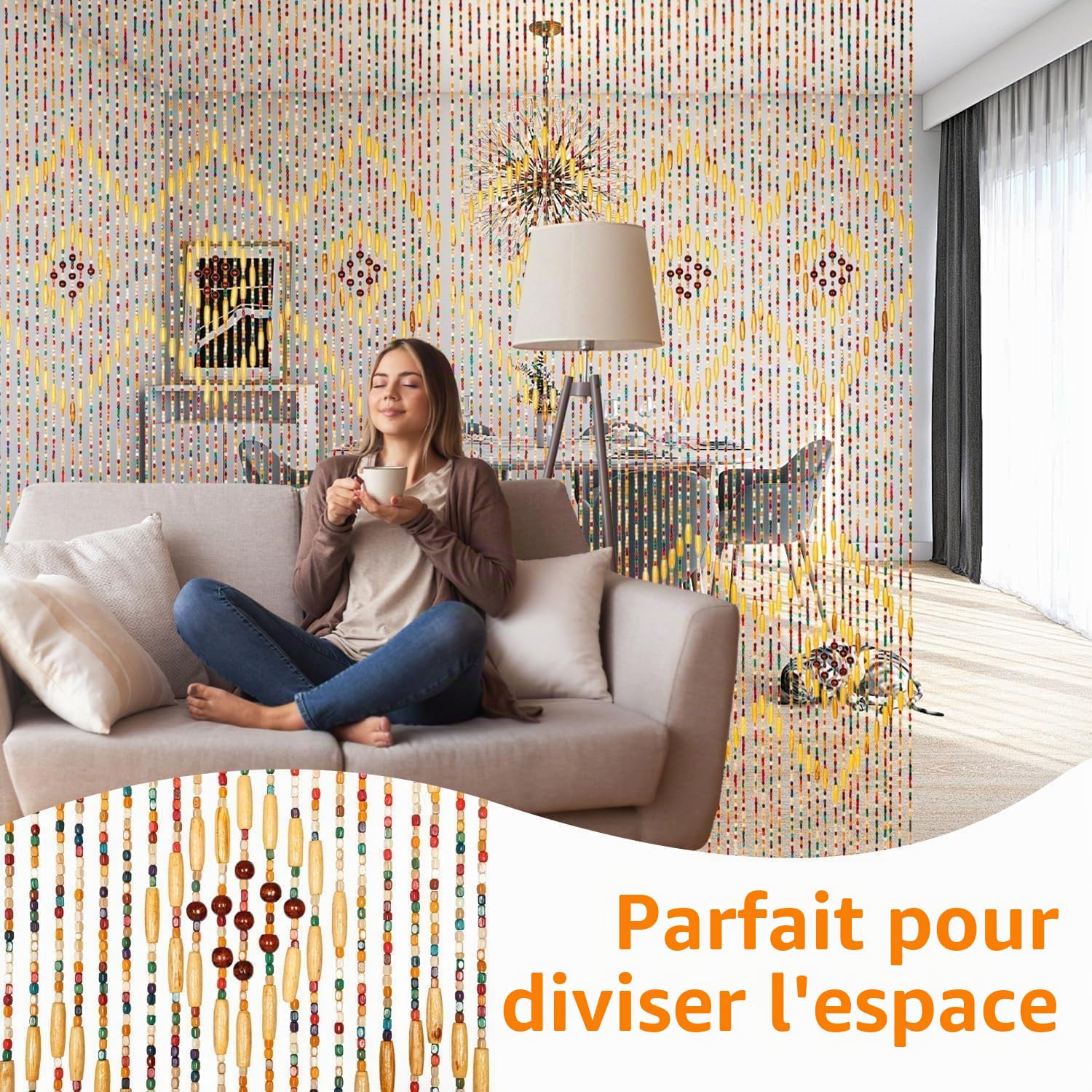 Rideau de Porte en Bambou avec Perles, 52 Fils de Rideaux en Perles pour Encadrements de Porte, Rideau de Porte Moustiquaire en Perles de 90x200cm, Rideau en Perles Diviseur de Porte Fait Main