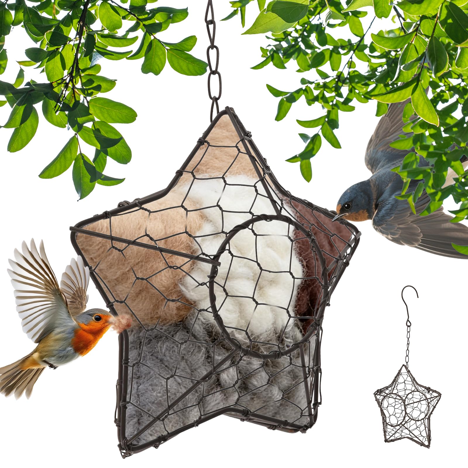 Handmade Bird Nest Star Shaped Bird Material Holder, Winter Nesting Material Box for Wild Birds and Hummingbirds Refillable Birds Nest House Boxes Garden Decor