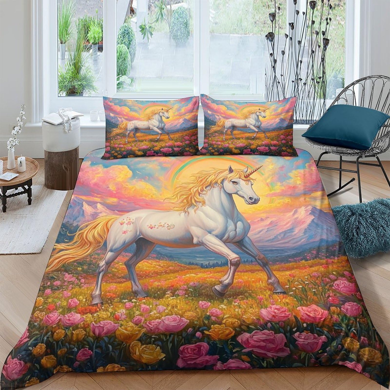 Fantasia di unicorno Impressione 3D 3 pz fodera per edredone Arte di creature mitiche coperteletto microfibra traspirante antiacari per ragazzi adolescenti uomini King（220x240cm）