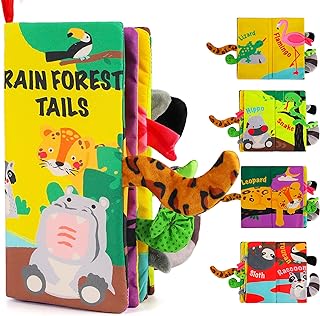 beiens Soft Toys Baby Cloth Books, Touch and Feel Crinkle Books for Babies, Infants & Toddler, Early Development Interactive Car Toys & Stroller Toys for Boys & Girls (Rainforest Tails-1 Book)