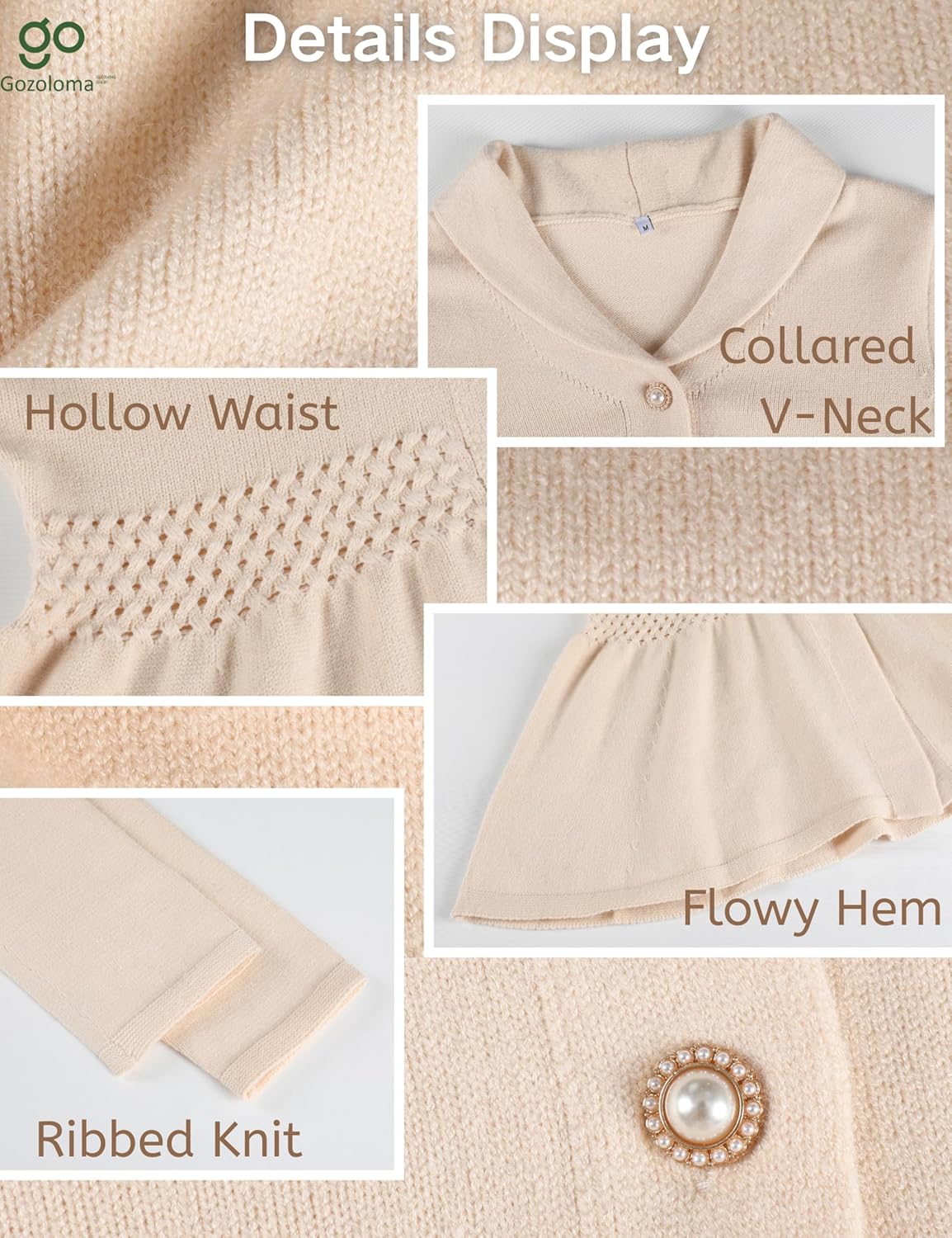 Gozoloma Womens Long Sleeve Knit Sweater Ribbed Waist Collared V-Neck Cardigan Button Down Peplum Tops - Image 2