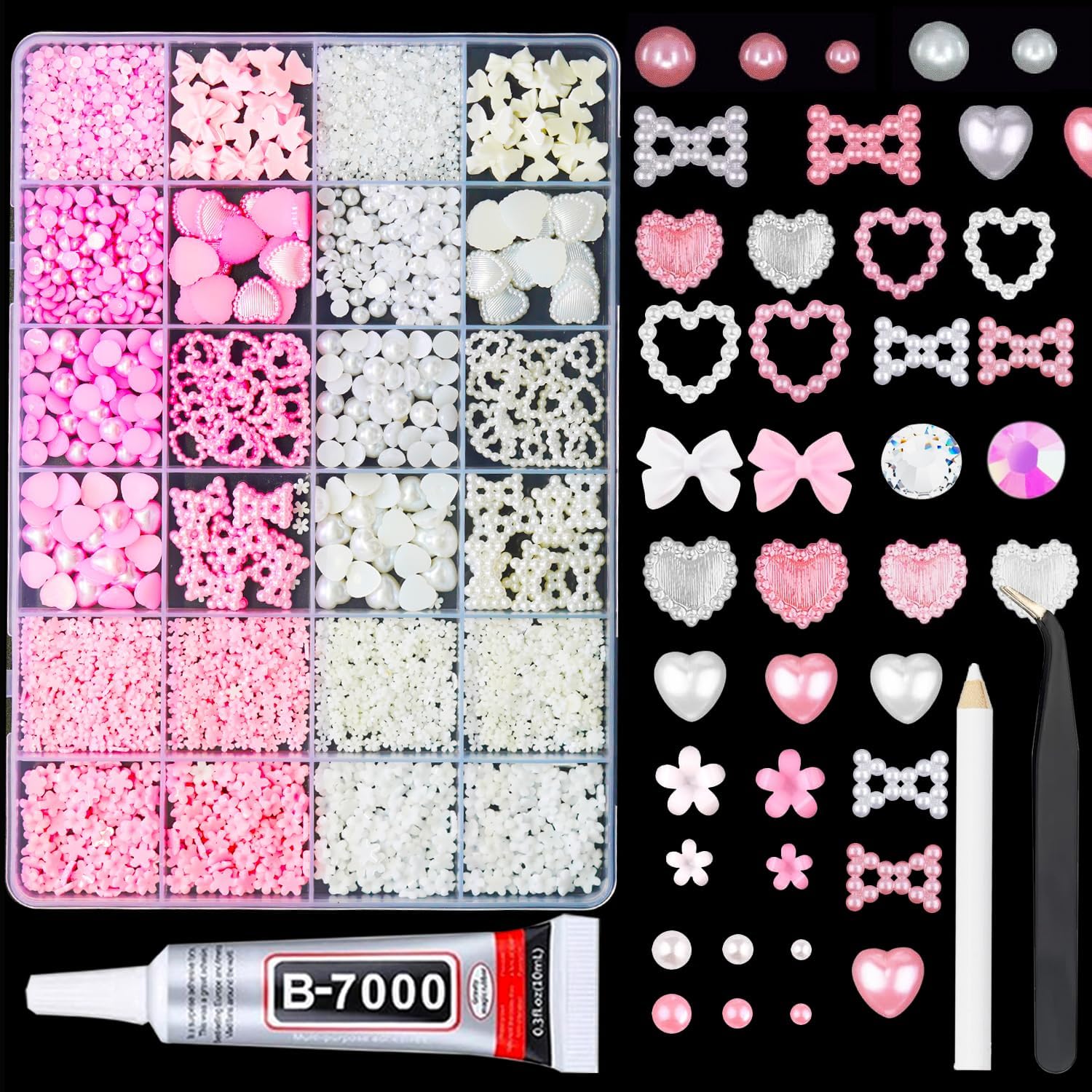 Pink White Resin Pearls & Rhinestones Kit, Flatback Half Pearls, Heart Flower Bow Cabochons with B7000 Glue, Tweezers & Picker Pen for DIY Crafts, Nail Art, Tumblers, Phone Cases, Scrapbooking