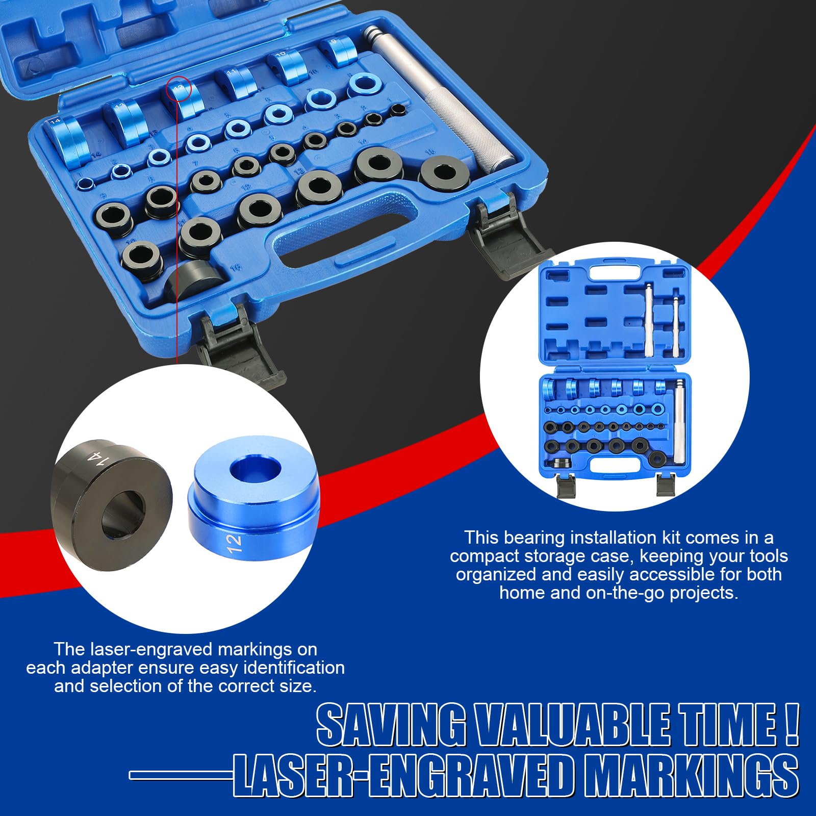 Kit pressa per cuscinetti, set di driver per piste e guarnizioni per cuscinetti da 33 pezzi con adattatori SAE metrici, set di driver per boccole con 3 impugnature zigrinate, set di driver per guarn
