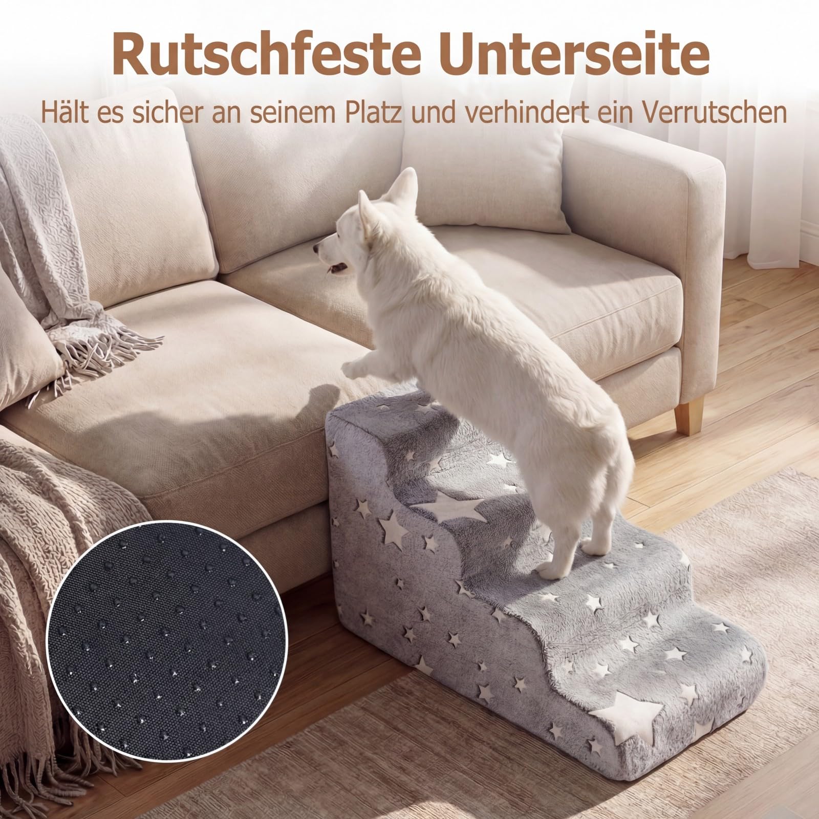 DREAMADE Hundetreppe 50 cm Hoch mit leuchtenden Mustern, Haustiertreppe aus hochdichtem Schaumstoff mit waschbarem Bezug, Katzentreppe mit Rutschfester Boden, für Couch, Sofa & Bett (4 stufig)