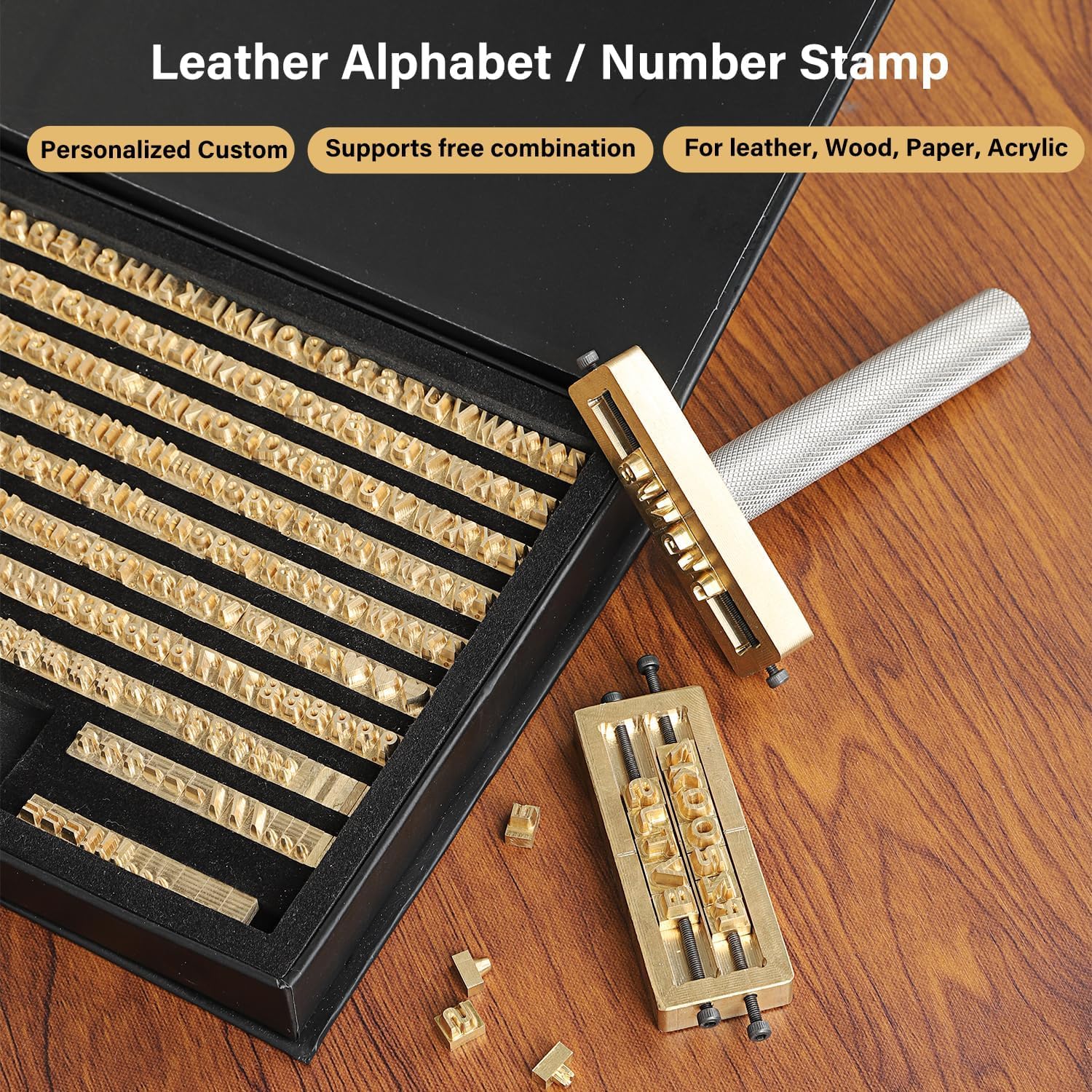 WUTA Set di 83 timbri in ottone e pelle, per cuoio, metallo e gioielli, accessori per stampatrici a pellicola A-Z/a-z/0-9/caratteri speciali (set A)
