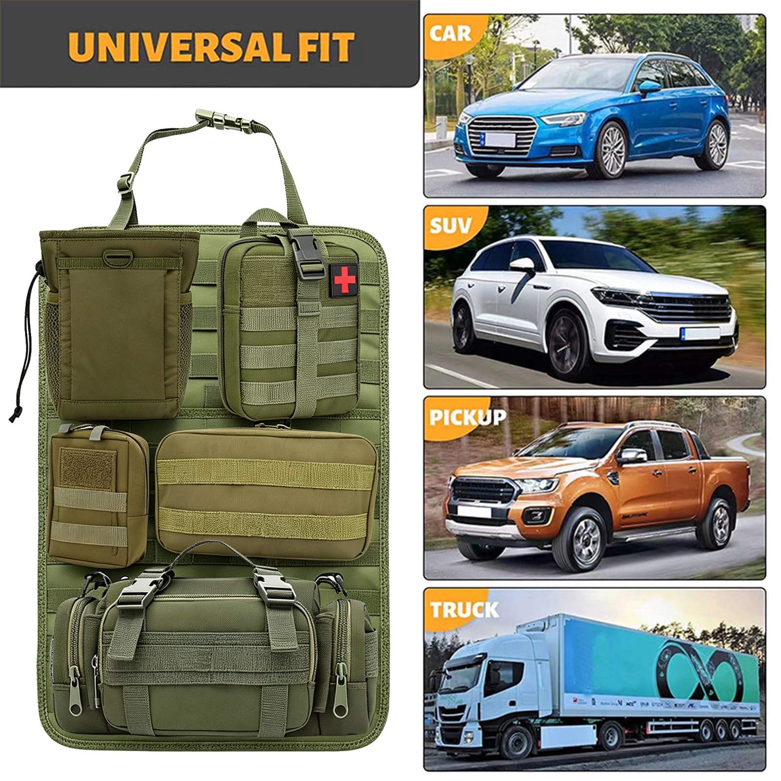 6-in-1 Tasca Tattica per Sedile Posteriore, Multifunzione per Auto | Pannello MOLLE Auto, 5 Tasche Rimovibili, Grande Organizzatore Posteriore per Tutti - Tieni in Ordine.(Black)