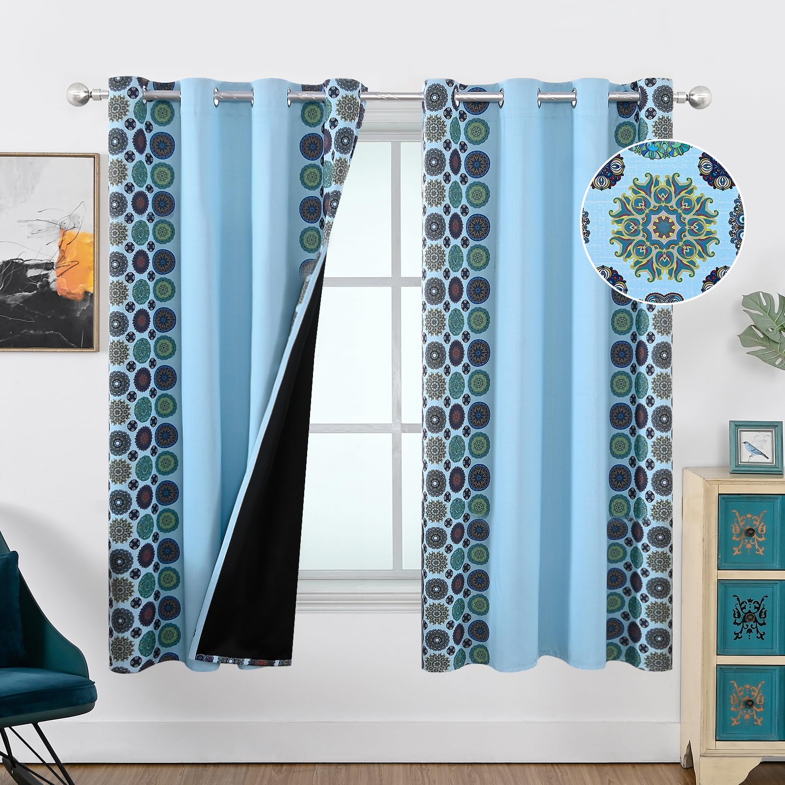 Estelar Textiler Sky Blue Blackout Curtains 63 Inches Long, Boho Thermal Insulated Drapes for Living Room, Full Room Darkening Grommet Mandala Pattern Design Curtains for Boys Room, 52Wx63L, 2 Panels