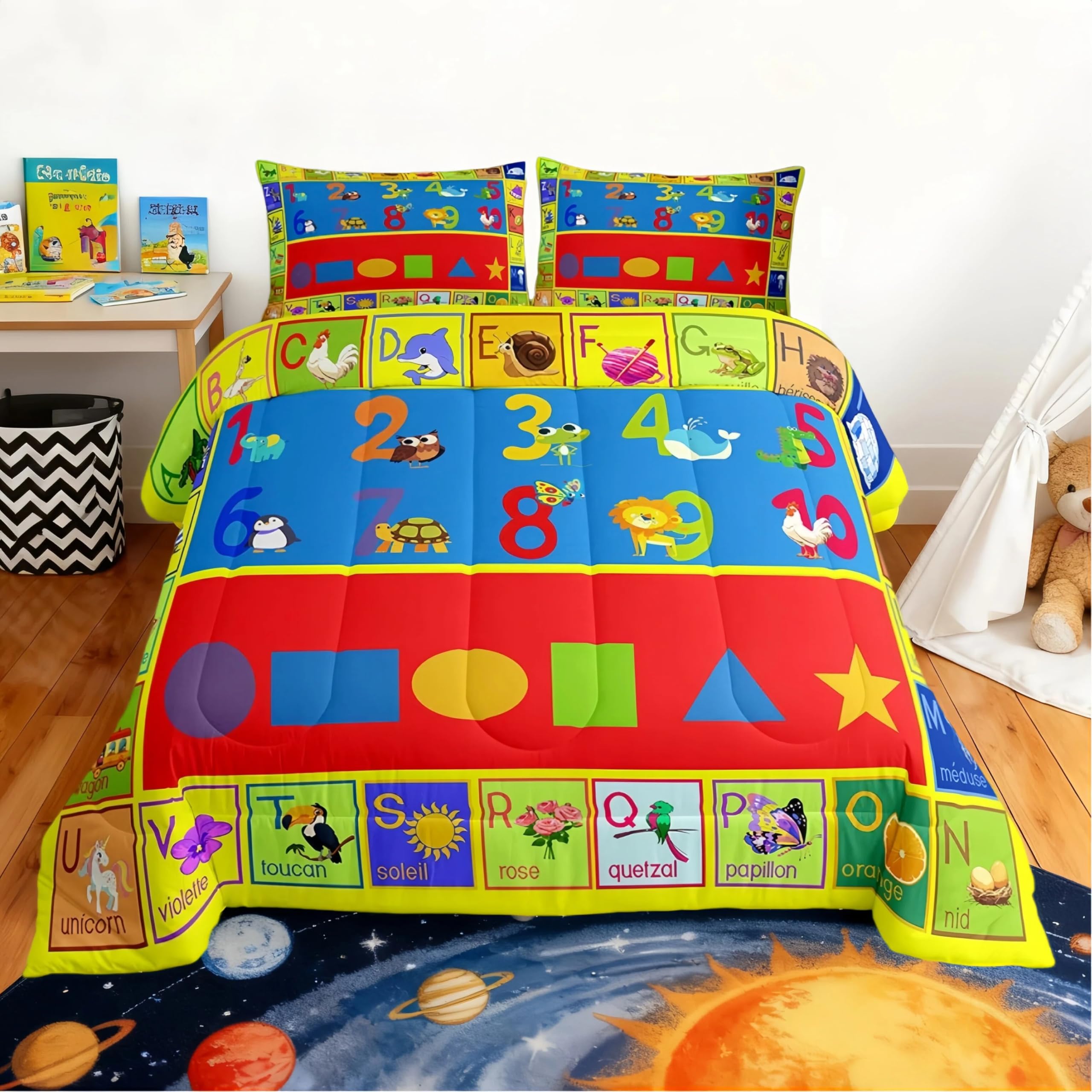 jejeloiu Twin Size Kids Educational Learning Bedding Set Boys Girls Numbers ABC Alphabet Shapes Comforter Set for Soft Coloful Fun Game Comforter