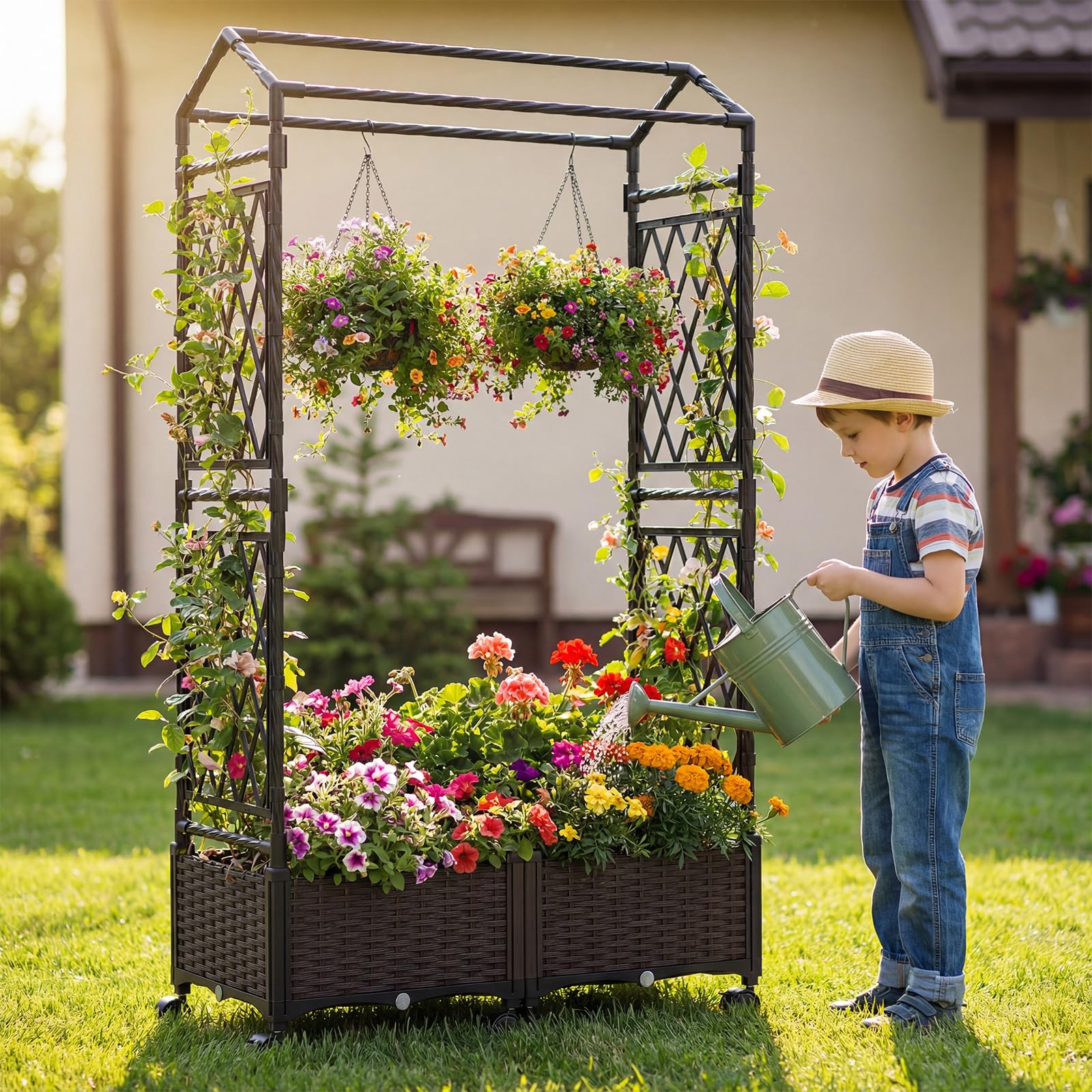 COSTWAY Fioriera Rialzata da Giardino con Grigliato, Tetto, Ruote Bloccabili e Irrigazione Automatica, Letto da Giardino Rialzato Alto in Rattan Impermeabile per Piante Rampicanti (Grigio)