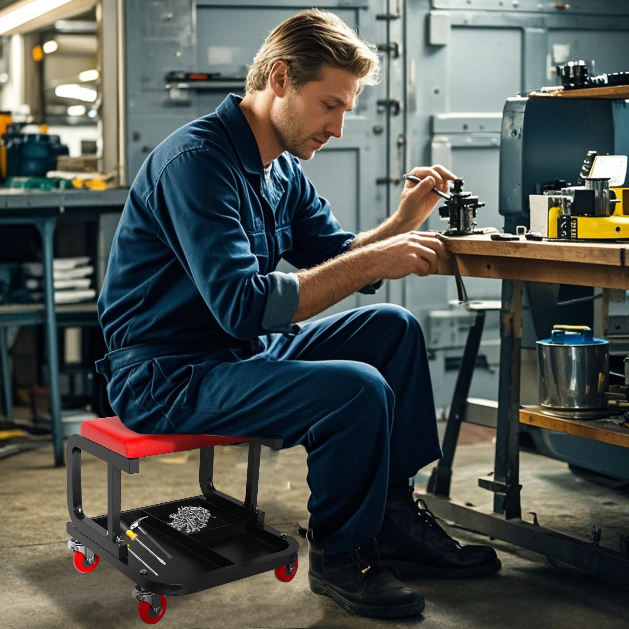 UISEBRT Sgabello da officina mobile con ripiano e ruote, per garage, da lavoro, portata 150 kg, per officina, cura dei veicoli, manutenzione della macchina e fai da te (rettangolare)