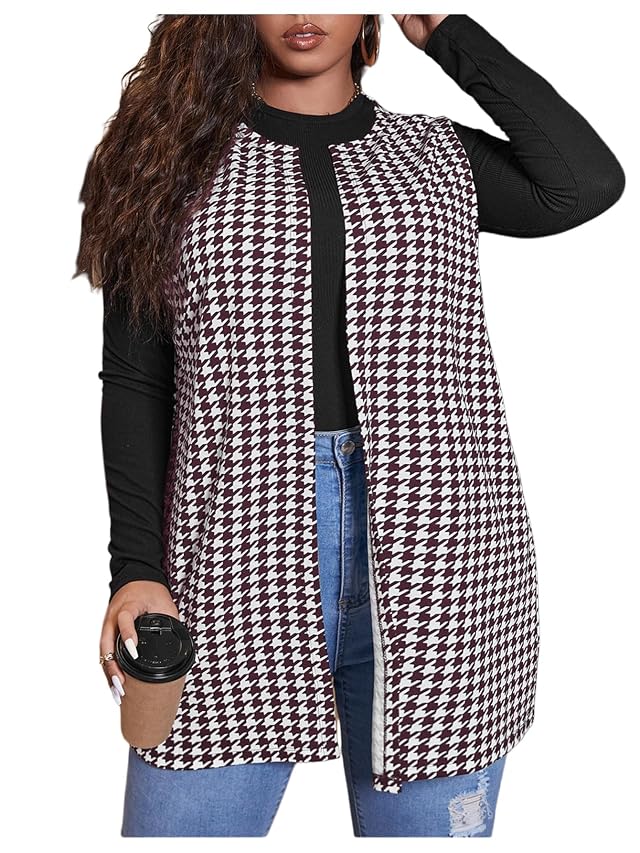 Milumia Womens Plus Size Houndstooth Print Blazers Sleeveless Open Front Coats Vest