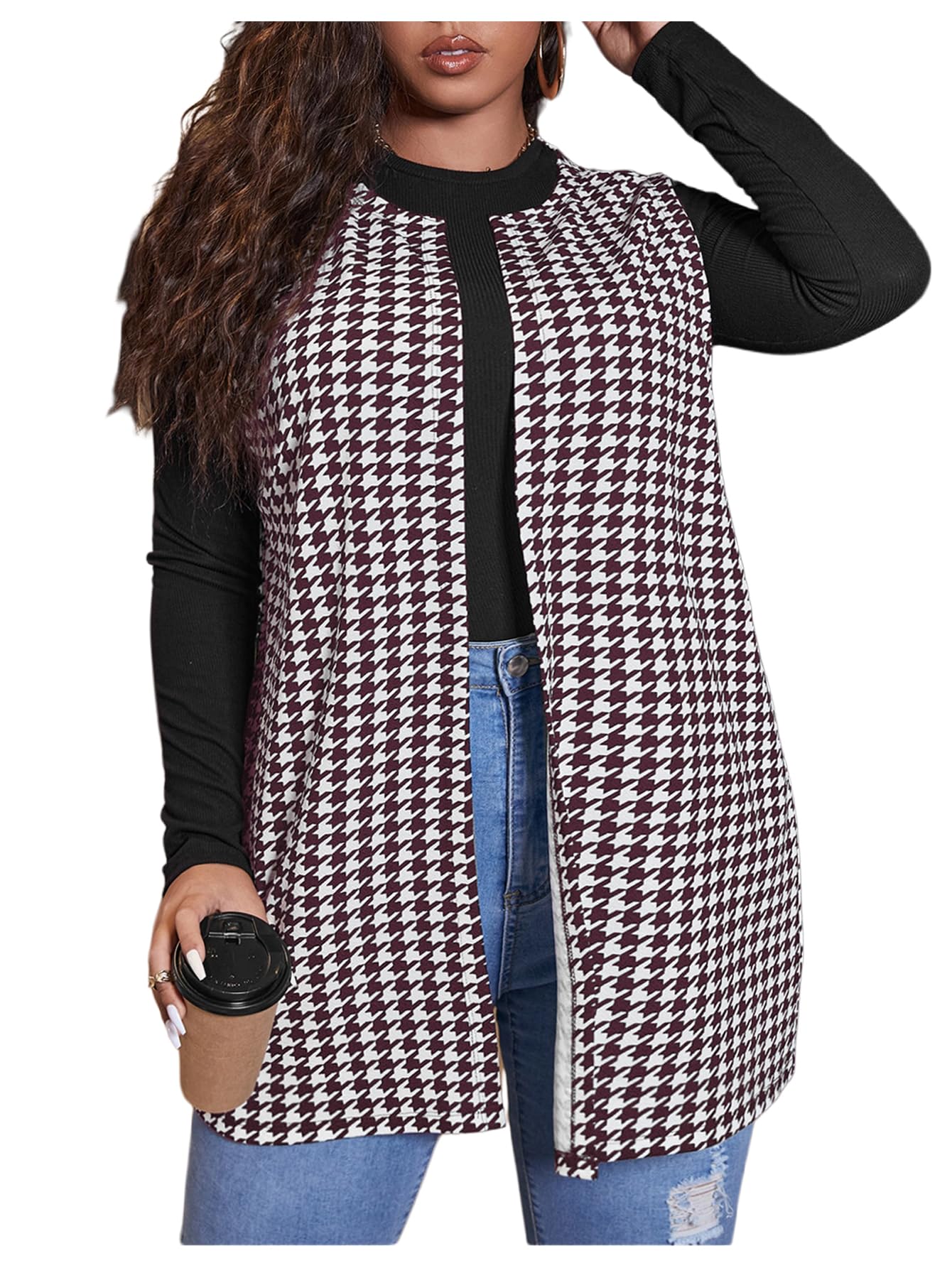 Milumia Womens Plus Size Houndstooth Print Blazers Sleeveless Open Front Coats Vest