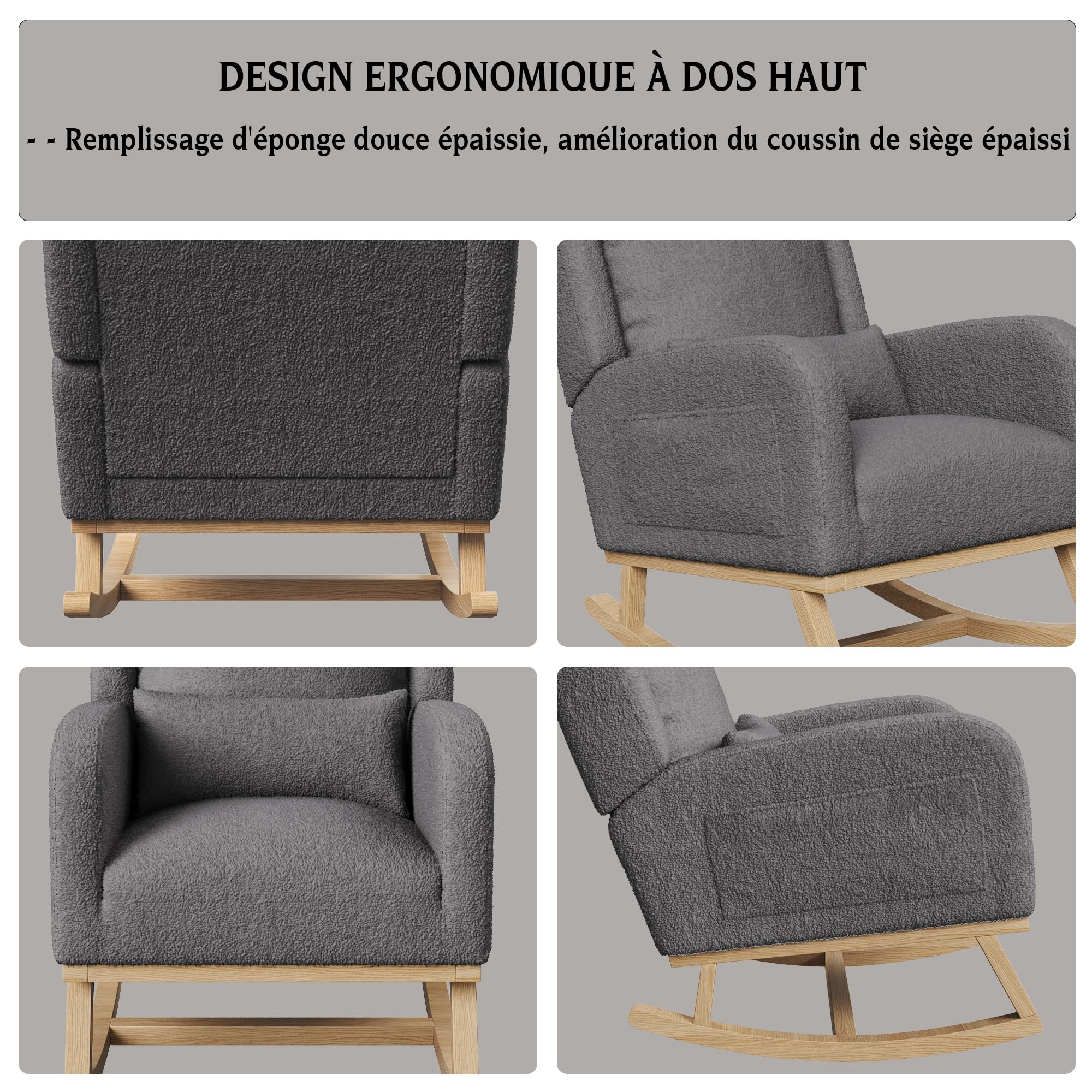 Fauteuil d'allaitement, Fauteuil a Bascule avec Dossier Haut, Coussin Lombaire et Poche Latérale, Chaise Allaitement Chambre Bebe Rocking Chair Bois Interieur pour Salon, Coucher, Tissu en Velours