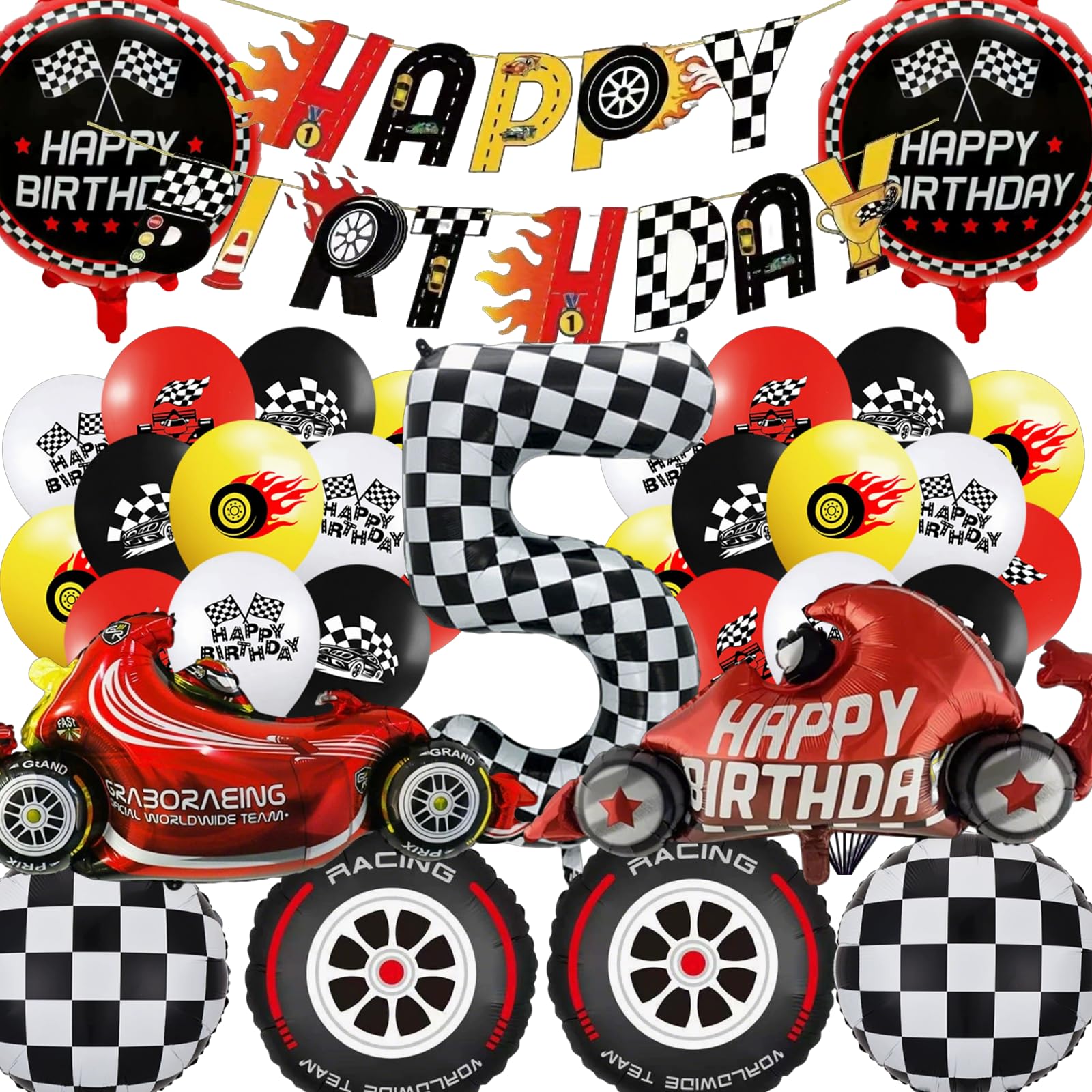 Race Car 5th Birthday Decorations - Boy Racing Car Themed Balloons Banners Decoration Happy 5th Birthday Banner Checkered Flag Foil Number 5 & Car Balloons for Boy Girl Party Supplies