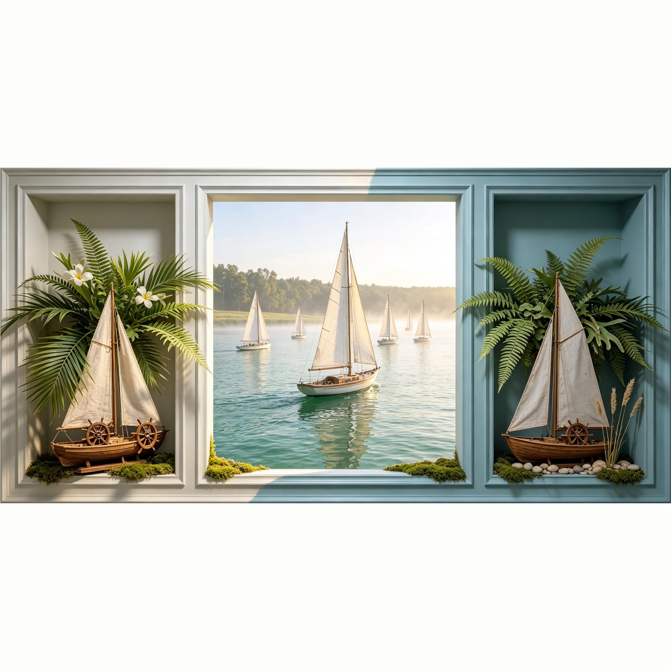 QZLITHOTIC 50x100cm 3D Framed Wall Art， Coastal Sailboat Lake Landscape Trompe L'oeil Self‑Adhesive Mural， Water‑Activated Peel & Stick Fabric Decor Wall Decal for Bedroom Living Room