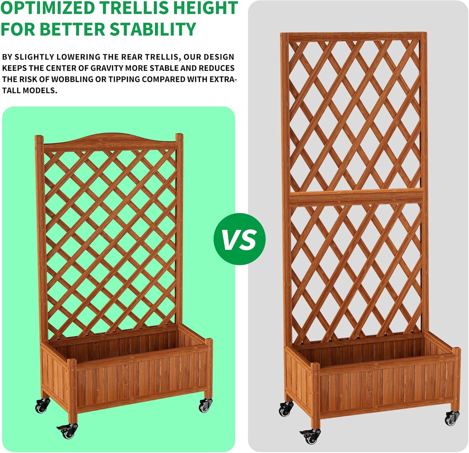 Upgraded 2-Pack 50" Tall Trellis Planter Box with Wheels, 49.8"H × 27.6"W × 13.0"D Solid Fir Wood Raised Garden Bed & Lattice Privacy Screen, Rolling Planter with Drainage for Patio/Garden