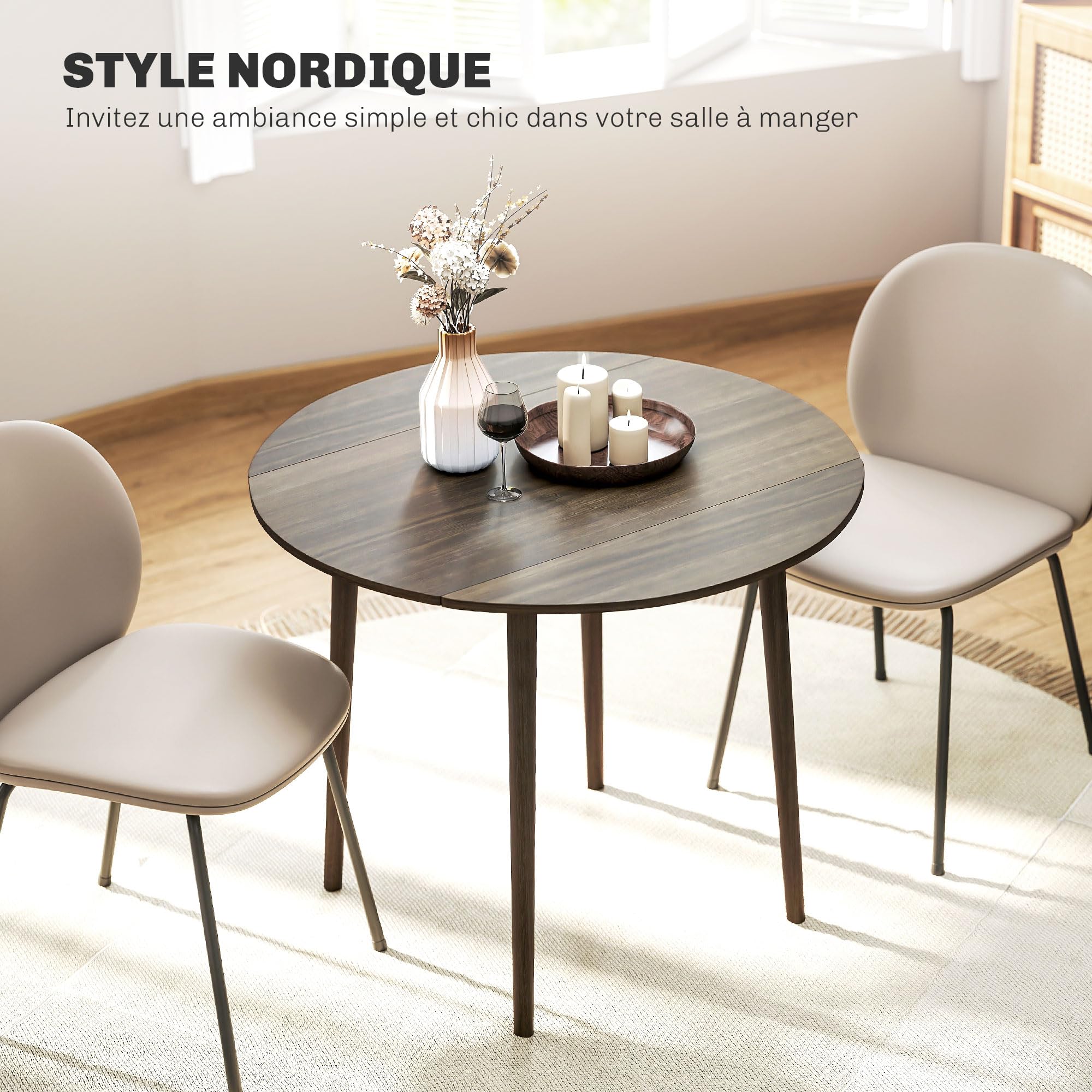 HOMCOM Table à Manger Pliante Ronde 4 Personnes 2 Abattants Ø 89 cm Gris