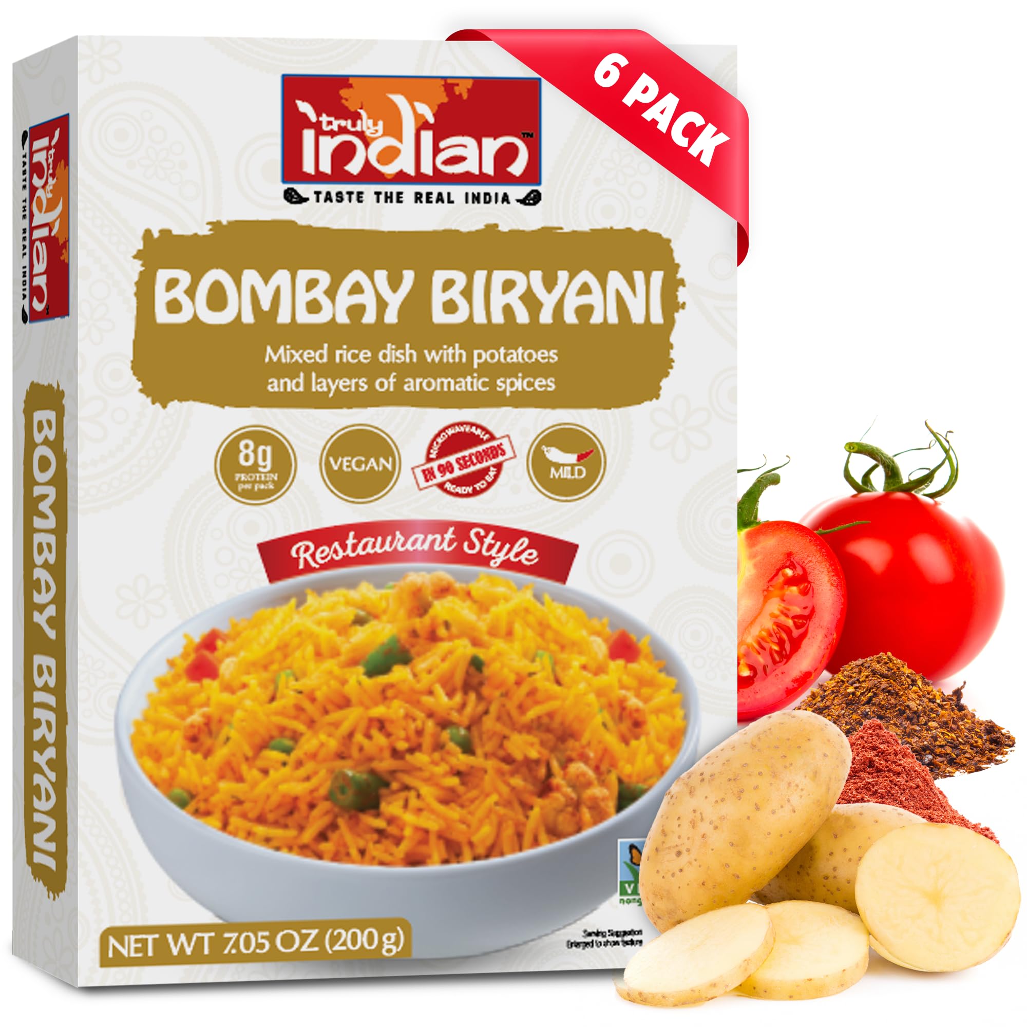 Truly Indian Bombay Biryani Rice 6-Pack | Long-Grain, Aged Basmati Rice | Authentic Traditional Indian Food, Rice Dishes Made With Locally Grown Ingredients | Ready to Eat, Vegan, Microwaveable Meal