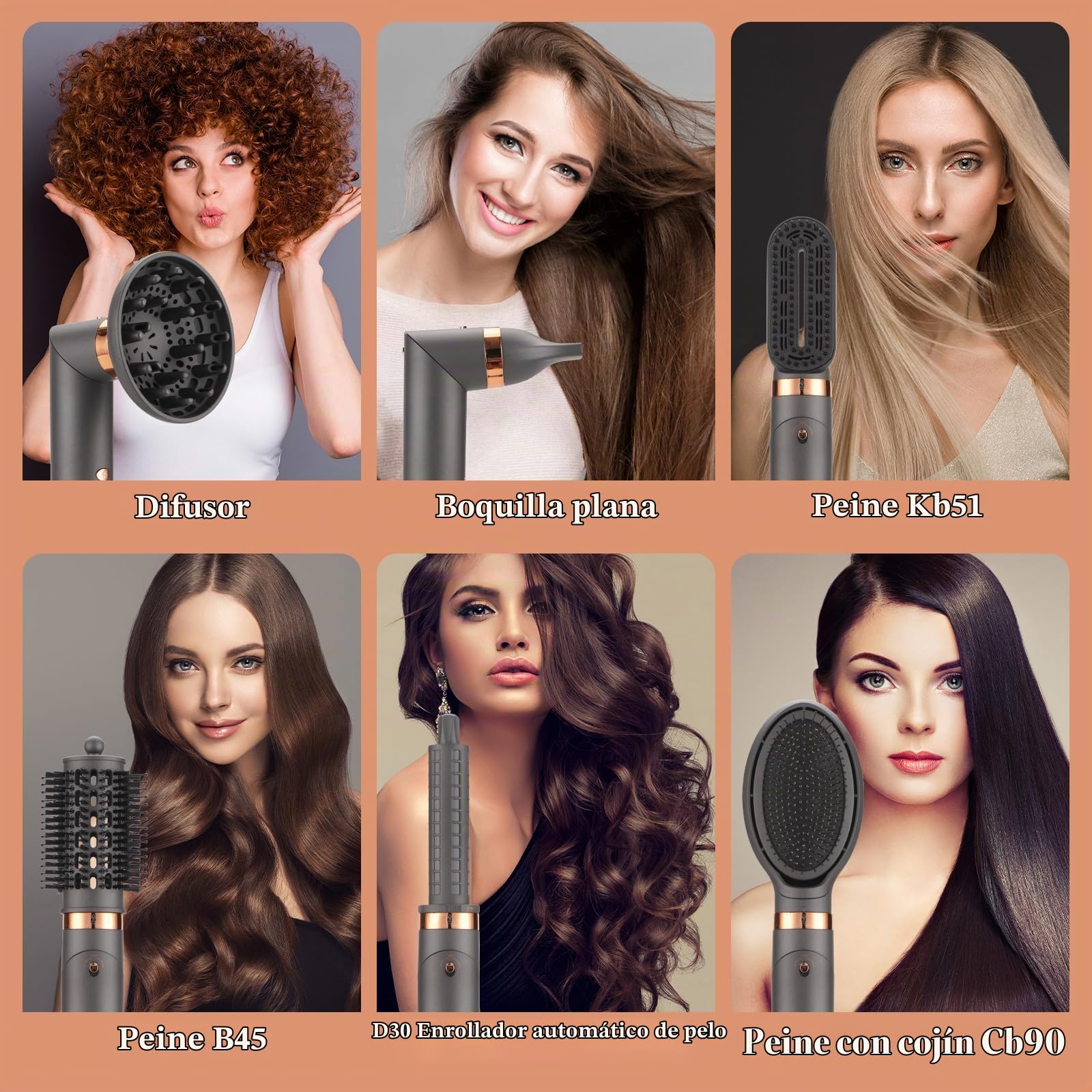 BESTBOMG Air Styler 6 en 1 Cepillo Secador De Pelo, Hairstyler 110000 RPM Cepillos de Aire Caliente, Moldeador Alisador, Cepillo Alisador Pelo, Rizadores Automáticos, Cepillo Redondo