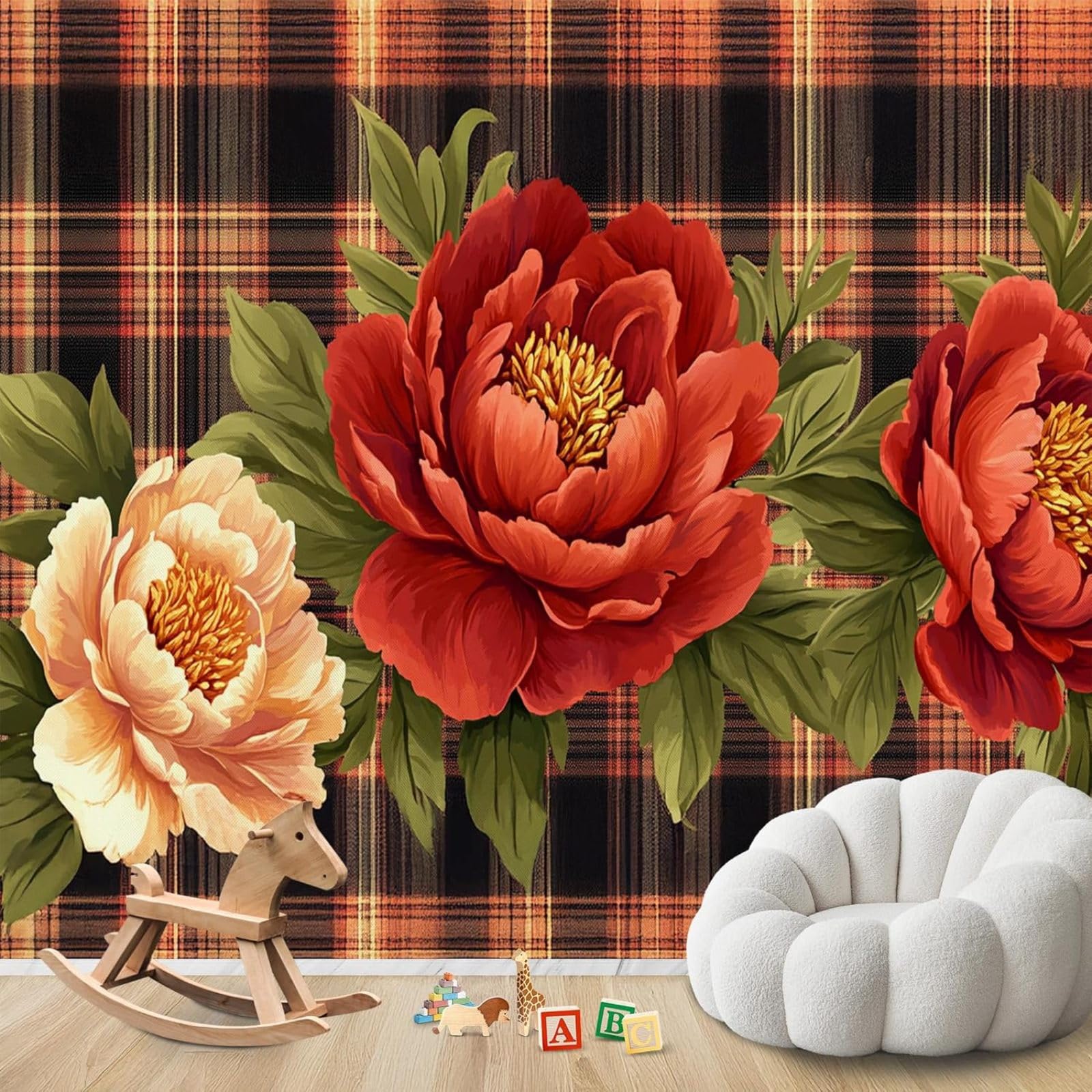 Hgjdjhnf 3D Mural Photo Mural - Wallpaper Peonies Tartan Country House Style Flowers Modern Wall Living Room Bedroom Children's Room Wall Decoration Motif,400Cmx280cm Poster - Wall Sticker - Frameless Picture